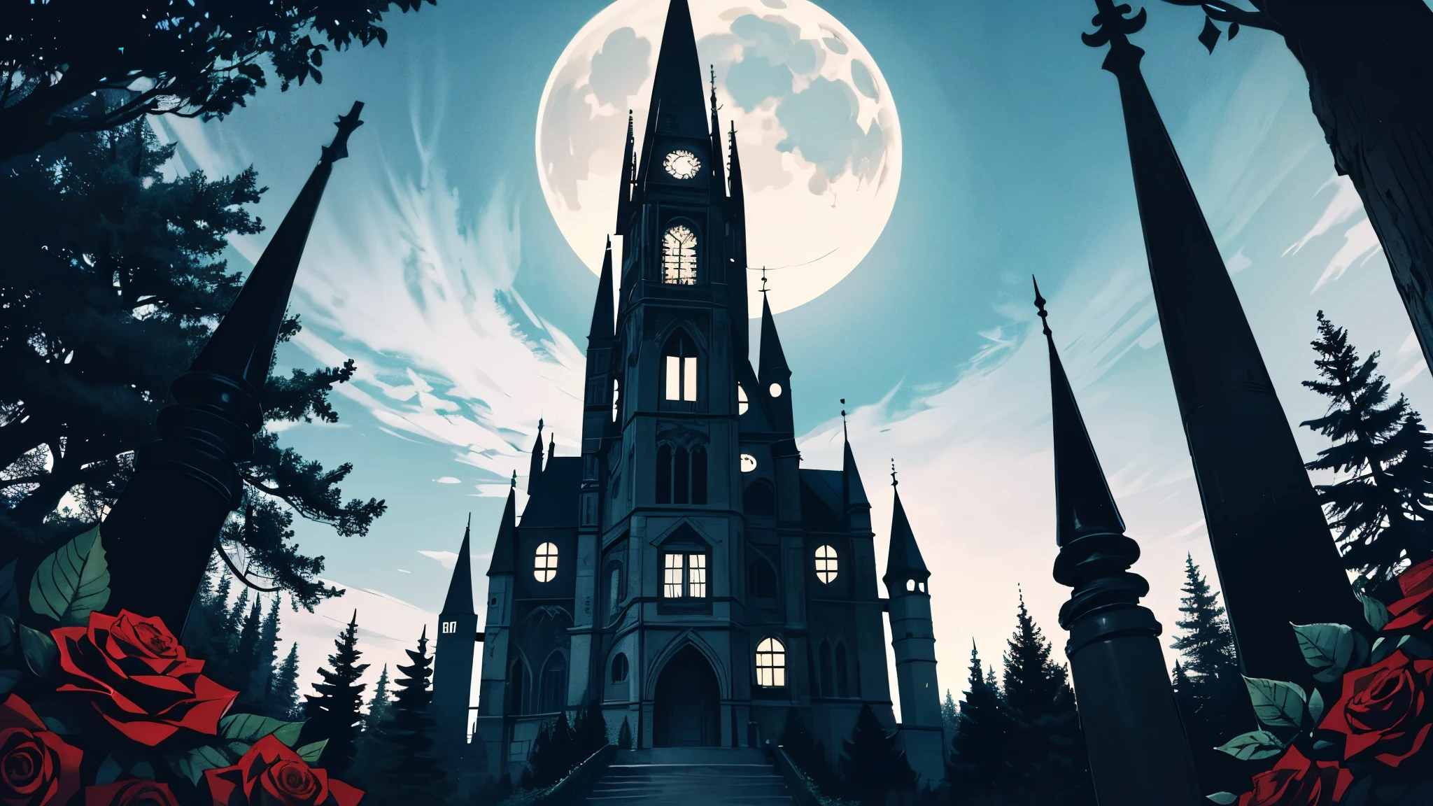 A large beautiful Gothic manor surrounded by conifer trees and red rose bushes accentuated by a large moon hanging in the sky, nearly perfect symmetry, Gothic decor and appearance, dark and moody atmosphere 