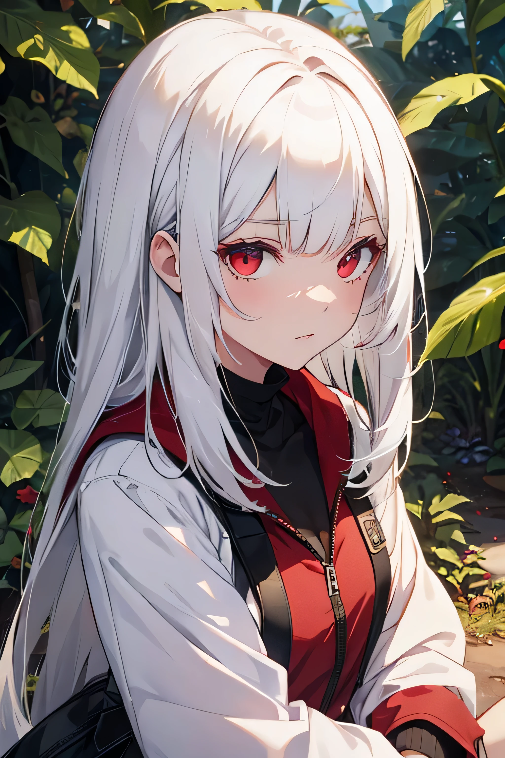 white hair girl and red eyes. with nature background