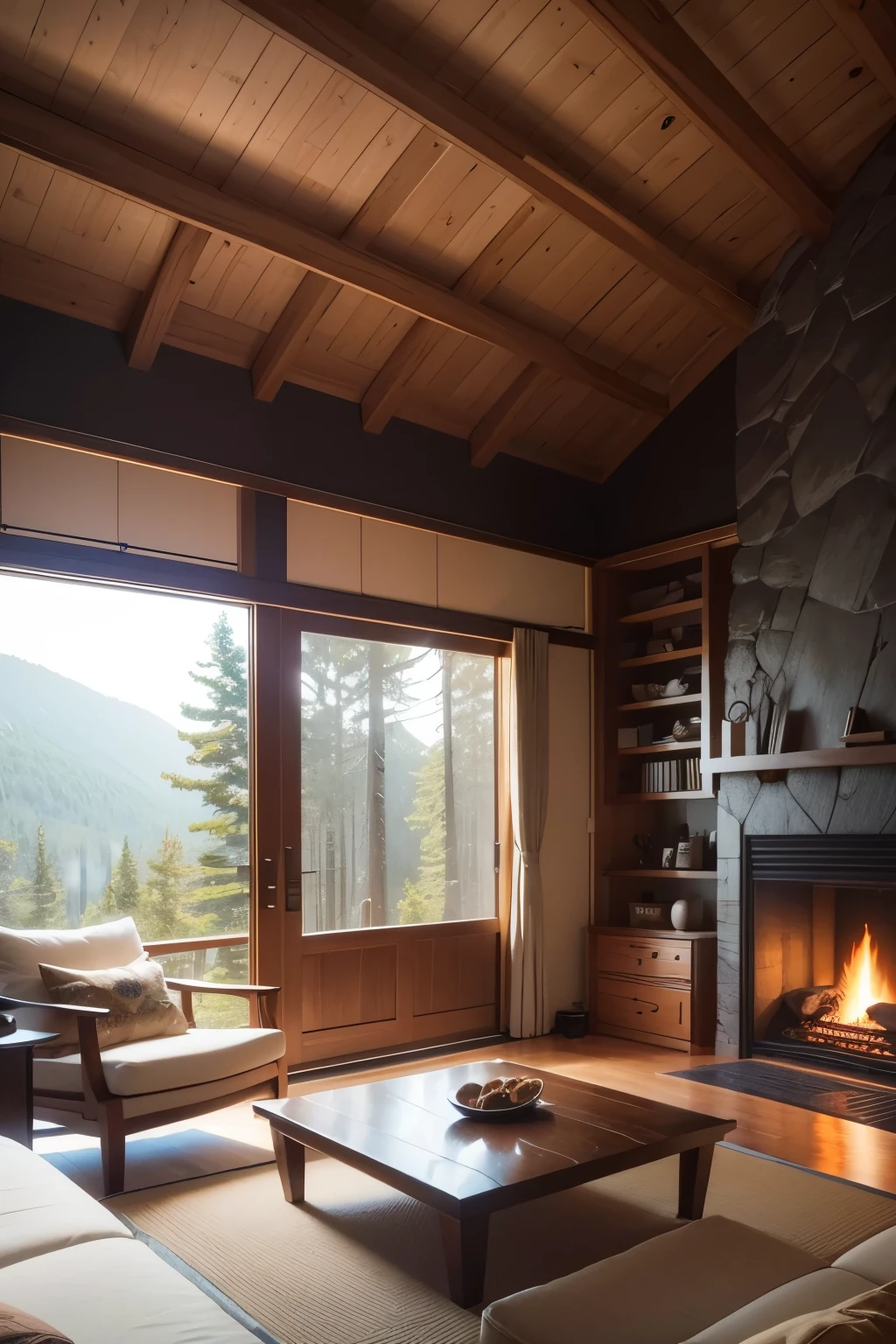At night, in the heart of a modern living room, lies a cozy and inviting space. The fireplace crackles with warmth, casting gentle shadows on the walls adorned with bookshelves. The couches, upholstered in soft fabrics, invite relaxation, with large windows illuminated by the organic and naturalistic compositions of the moonlit forest beyond. The overall style is reminiscent of V-Ray tracing, with subtle luminosity adding depth to the meticulously designed cabincore and Japanese-inspired details. Every element, from the glazed surfaces to the intricate patterns, shines with intricate detail in this 2K resolution image -- (16:9 aspect
