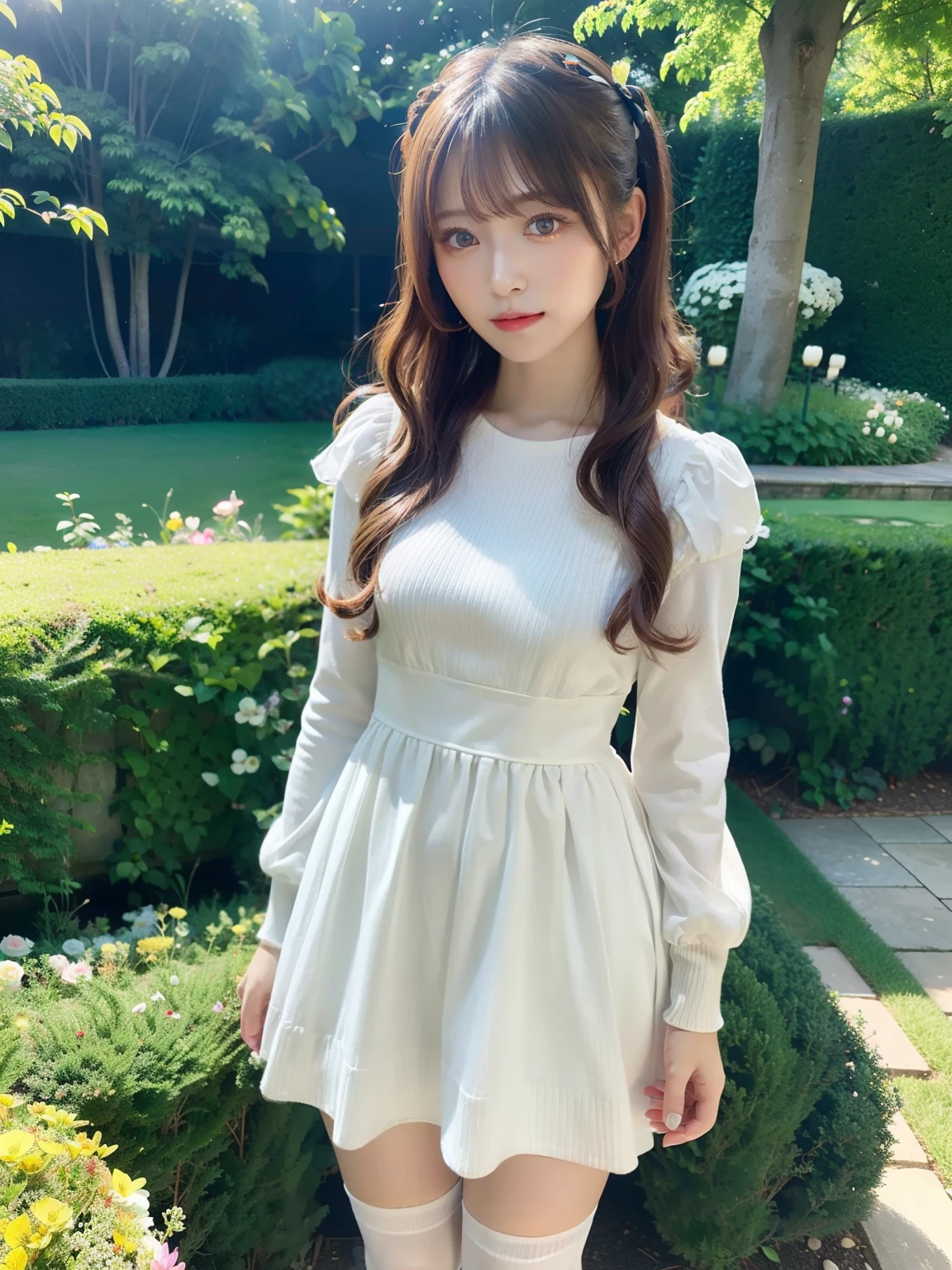 high quality masterpiece UHD High details, cute girl, Red eyes big eyes, thin lips, ahoge curly hair Hairpin, cute Dress, Knee-high Socks, clear english garden, standing