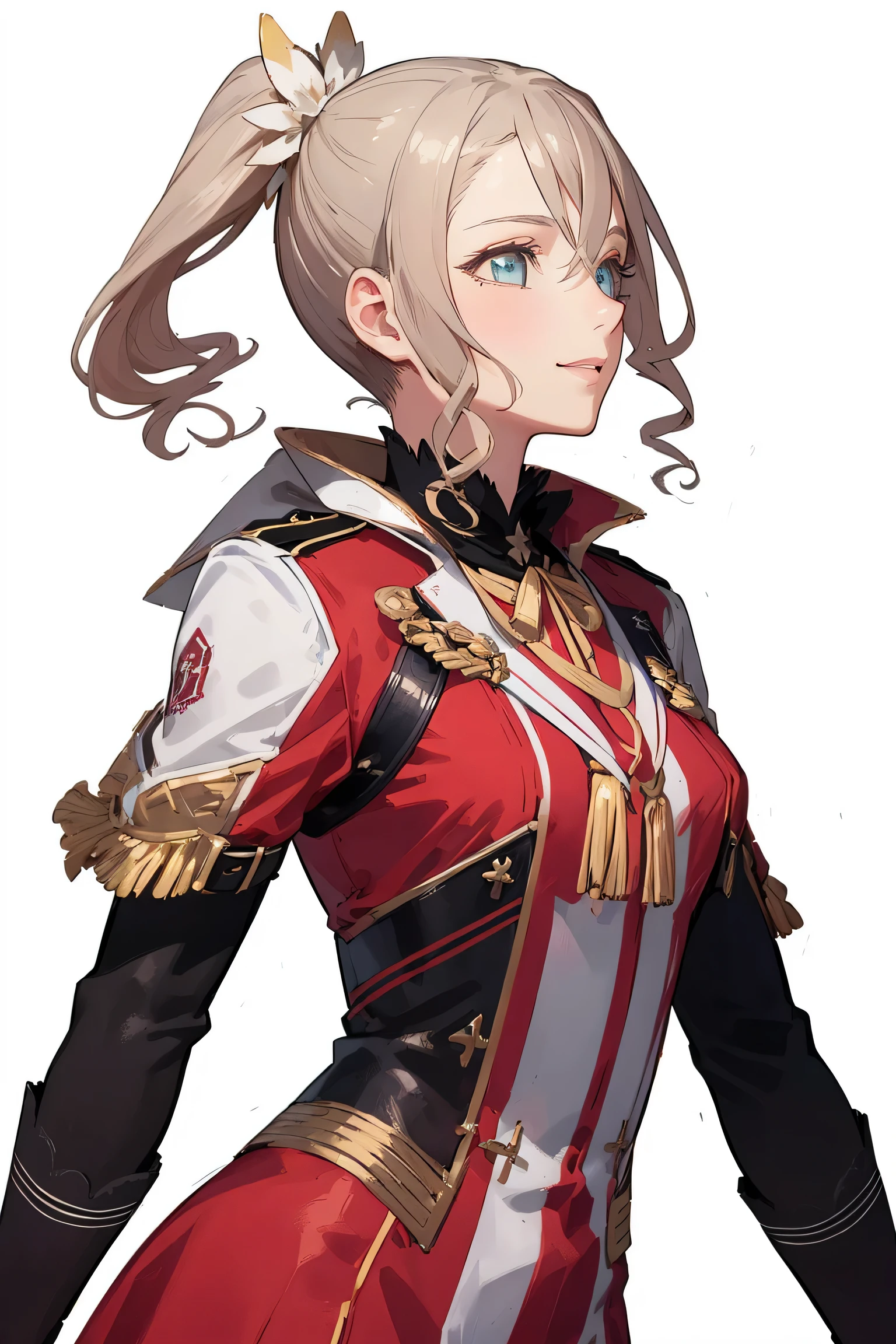 alishadef,side ponytail, drill hair, smile,
BREAK (military, military uniform, uniform, (red uniform:1.5):1.2),
BREAK   ((sexy )) textured haircut (((detailed character sheet, frontal view, side view, three quarter view))), BREAK (((white background))),
BREAK (masterpiece:1.2), best quality, high resolution, unity 8k wallpaper, (illustration:0.8), (beautiful detailed eyes:1.6), extremely detailed face, perfect lighting, extremely detailed CG, (perfect hands, perfect anatomy),perfect face,