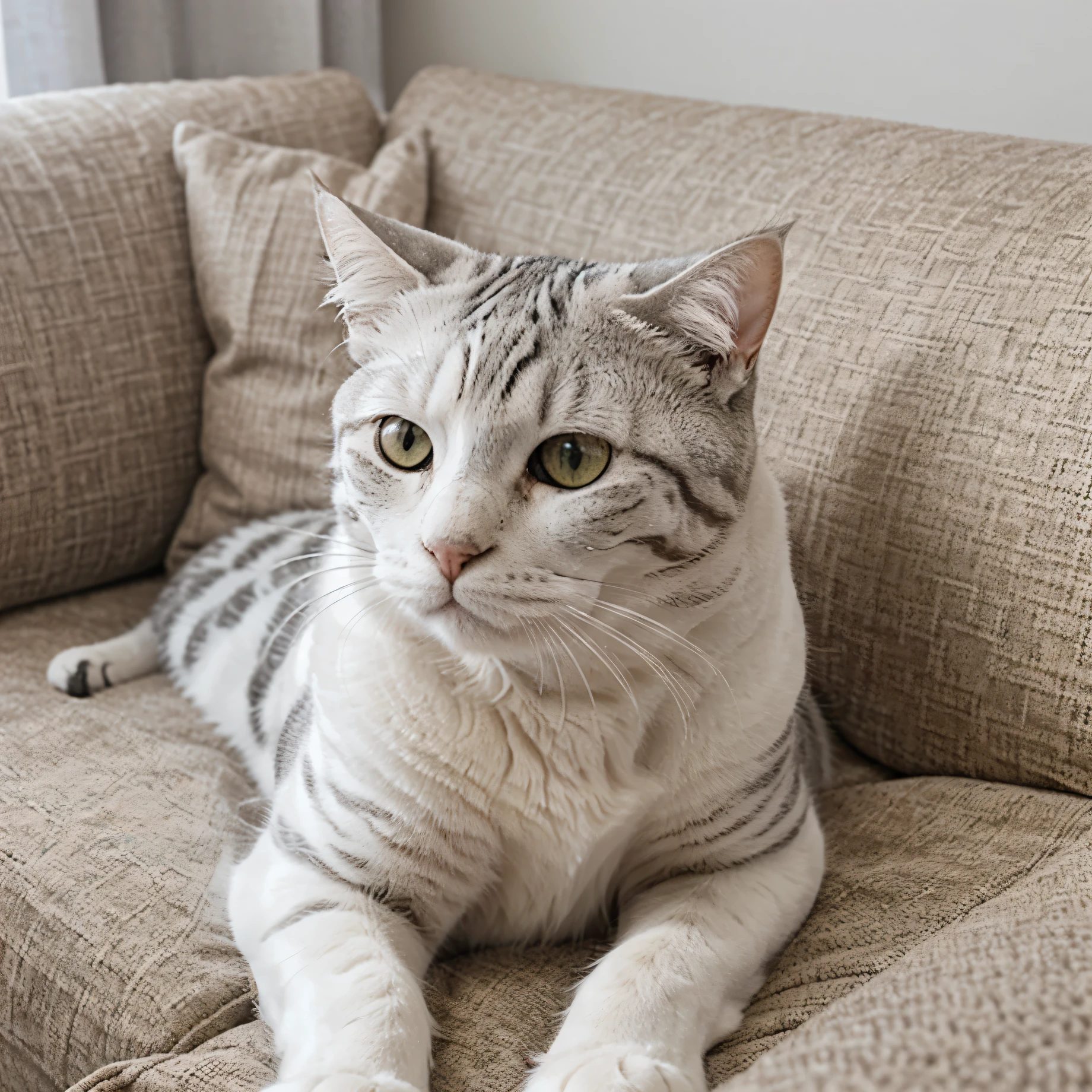 American shorthair, white cat, laying in a gray sofa, meticulously detailed, cute, ultra realistic