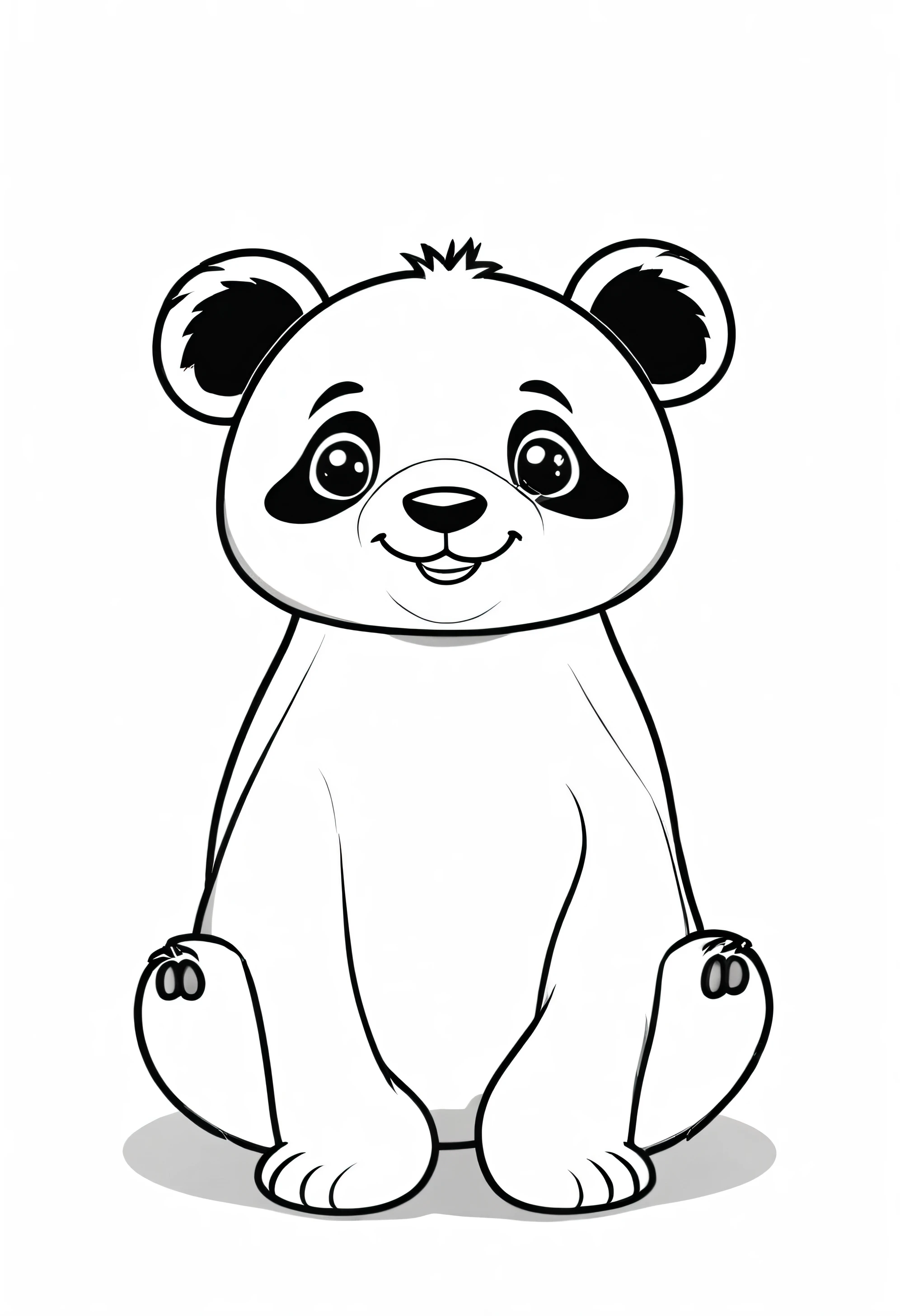 create a friendly Panda character with smiling face, outline art With white, White background, Sketch Style, full body, Only use outline, Cartoon style, Clean and clear and well outlined, Ensure the Panda has smooth And inviting appearance, And keep the design Minimalistic For easy coloring. The goal is To make it appealing And approachable For children 2 to 5the middle of their Artistic journey, Made it black and white
