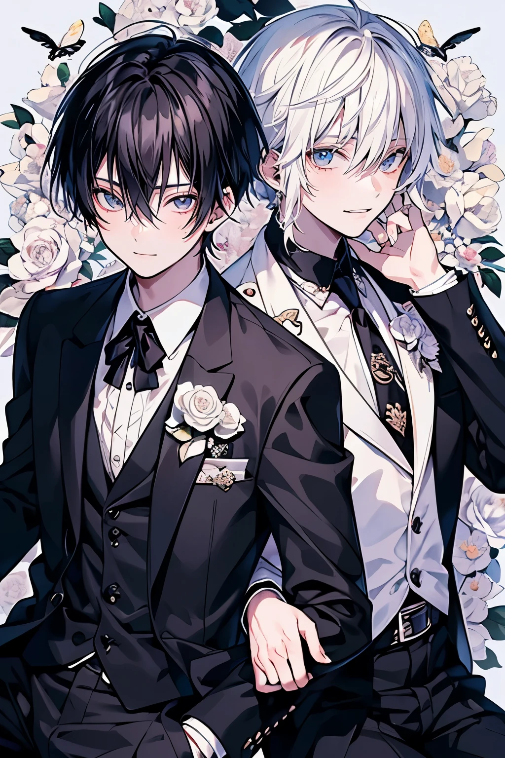 (pieces fly), (highest quality), very detailed, ((two men)), perfect face, beautiful face, very detailed顔，(black haired man:1.3)，(white haired man:1.3)，suit，shirt，smile，flower