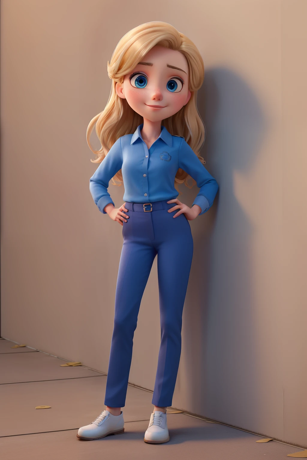 ((best quality)), ((work of art)), (detailed), perfect face, young blonde, 22 years old, straight hair and blue eyes looking at the camera, wearing blue formal clothes, she full body is leaning against the wall, face no smile