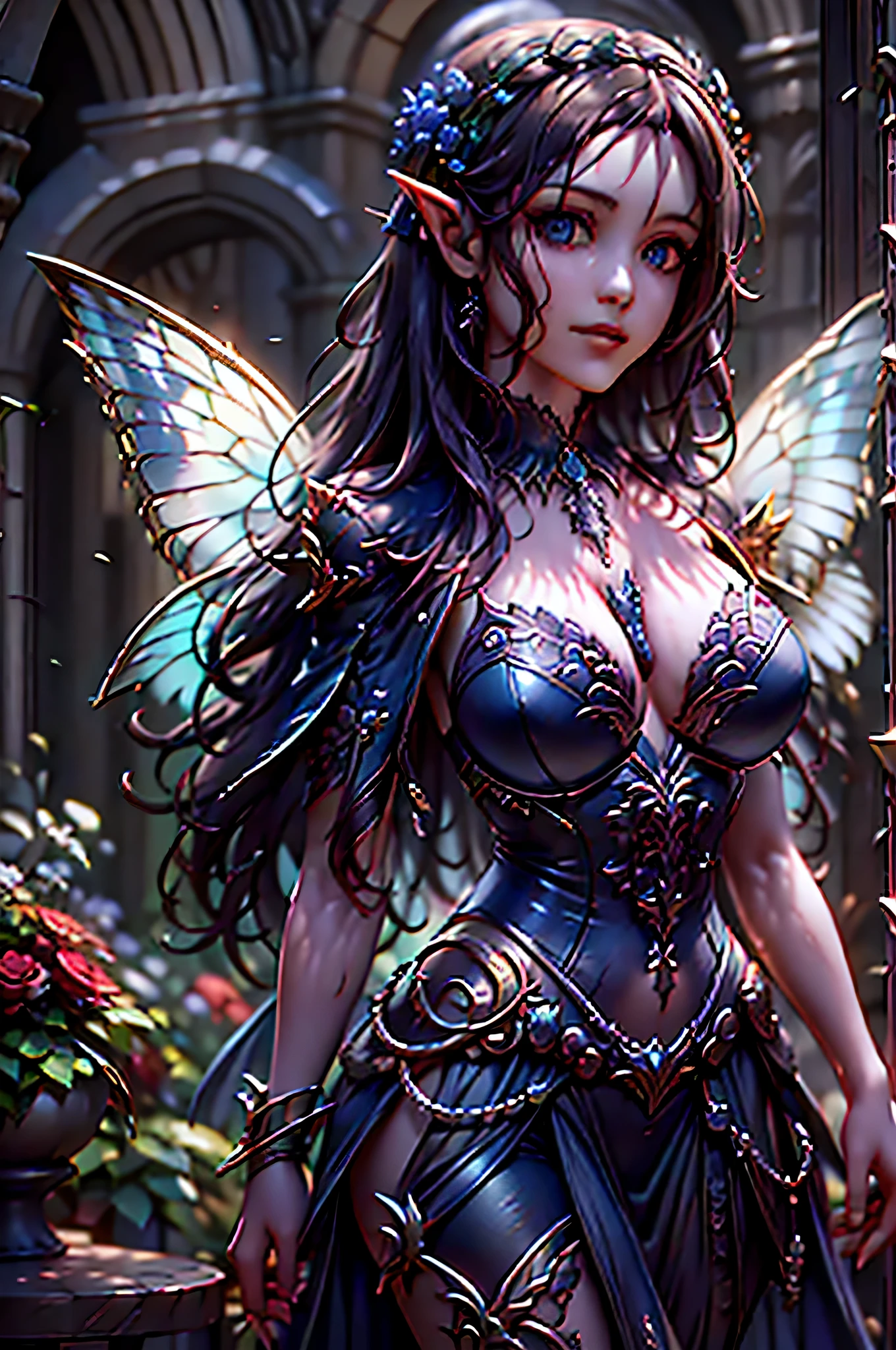 high details, best quality, 16k, RAW, [best detailed], masterpiece, best quality, (extremely detailed), full body, ultra wide shot, photorealistic, dark fantasy art, goth art, RPG art, D&D art, a picture of a dark female fairy in a goth church extremely beautiful fairy, ultra feminine (intense details, Masterpiece, best quality), best detailed face (intense details, Masterpiece, best quality), having wide butterfly wings, spread butterfly wings (intense details, Masterpiece, best quality), dark colors wings (intense details, Masterpiece, best quality), black hair, long hair, shinning hair, flowing hair, dark smile, wicked smile, blue eyes, dark red lips, wearing [red] dress latex corset (intense details, Masterpiece, best quality), dynamic elegant dress bondage gear, chocker, wearing high heels, in flower shop (intense details, Masterpiece, best quality), (intense details, Masterpiece, best quality) a dark goth era street background, dim light, cinematic light, gaslight lamp light, High Detail, Ultra High Quality, High Resolution, 16K Resolution, Ultra HD Pictures, 3D rendering Ultra Realistic, Clear Details, Realistic Detail, Ultra High Definition