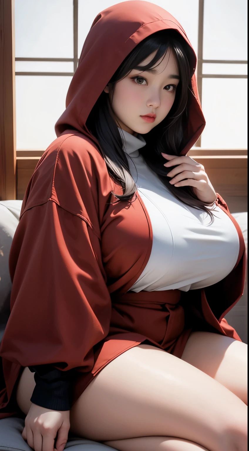 there is a woman sitting down with a longest brown hair, bbwchan, thicc, brown hijab outfit, brown hairstyle model, korean girl, korean woman, wearing brown robe, full length shot, alluring plus sized model, japanese goddess, clothed in hooded, voluptuous and arousing, portrait shot, curvy model, voluptuous body, wonderful, nene tanaka body , bbwchan, The overall atmosphere is smooth , haunting illustrations, extremely high-resolution details, photographic, realism pushed to extreme, fine texture, 4k, ultra-detailed, high quality, high contrast, red sneakers , cold atmosphere ,, cold atmosphere