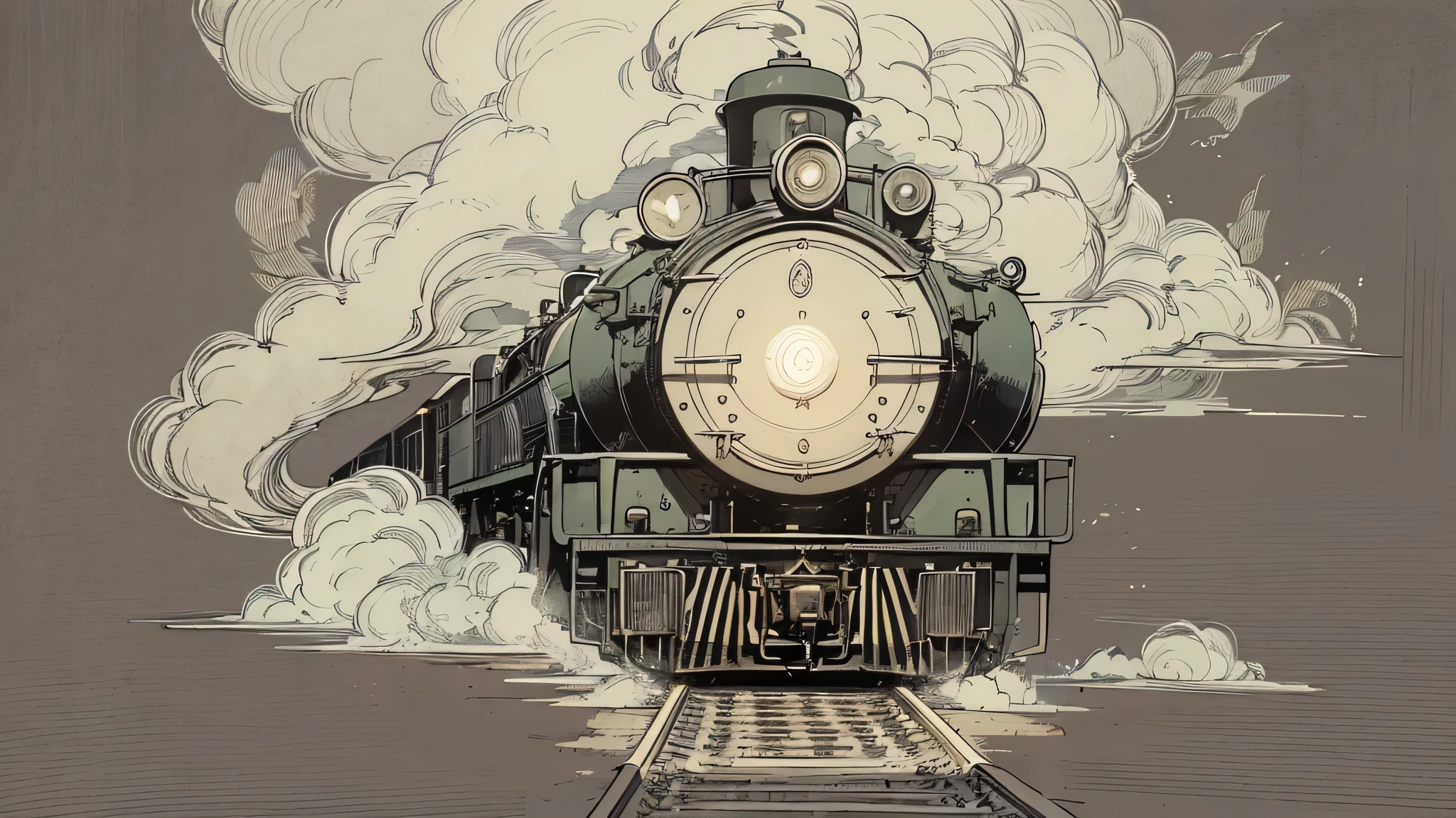 Smoke in the center of the locomotive、Headlight、west、cloud movie scene, best quality,Sketch style、