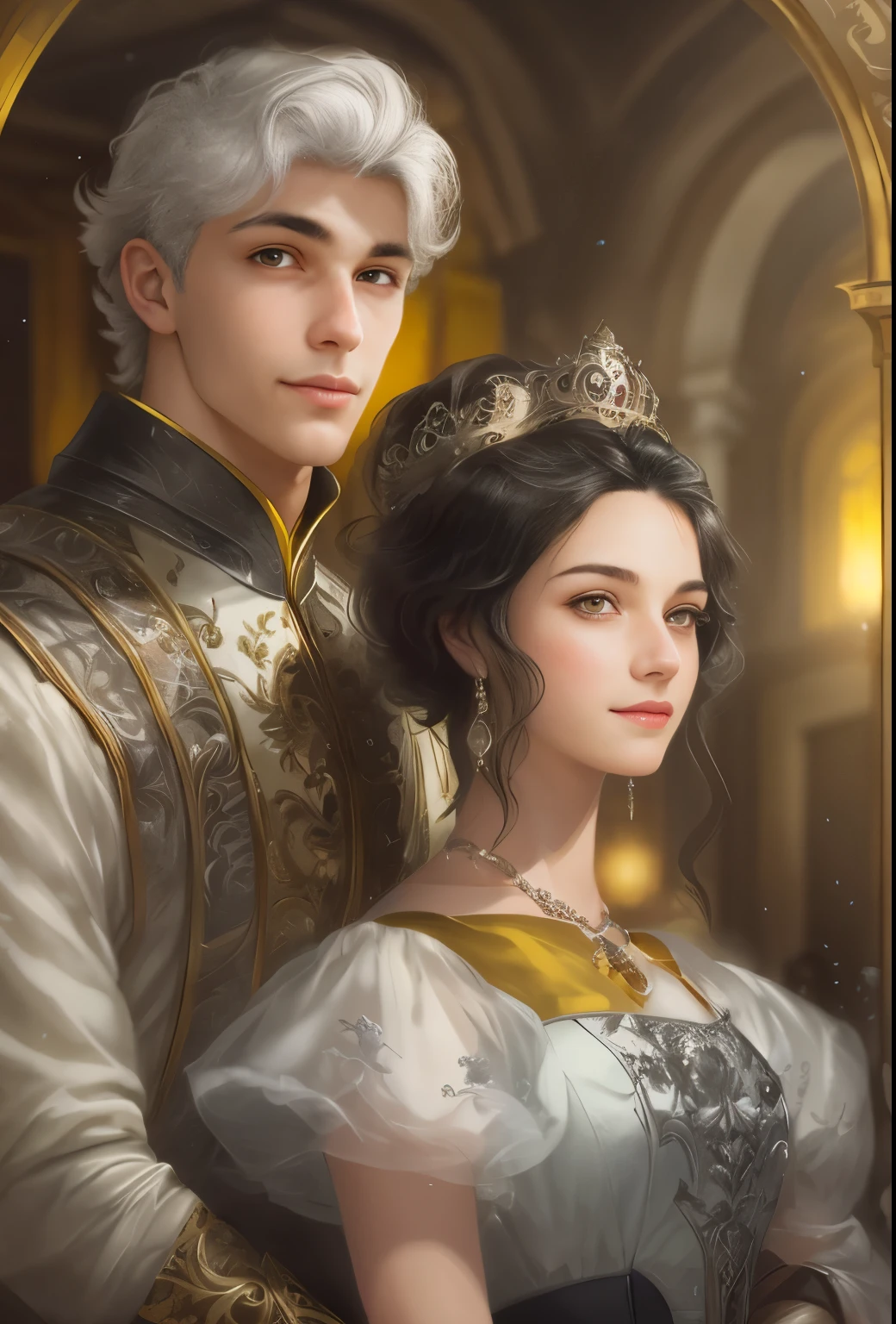High resolution, portrait, boy and girl with dark hair, 18 years old, light gray hair, short haircut, yellow eyes, smile, crown, portrait, ballroom in the background, realism, fantasy