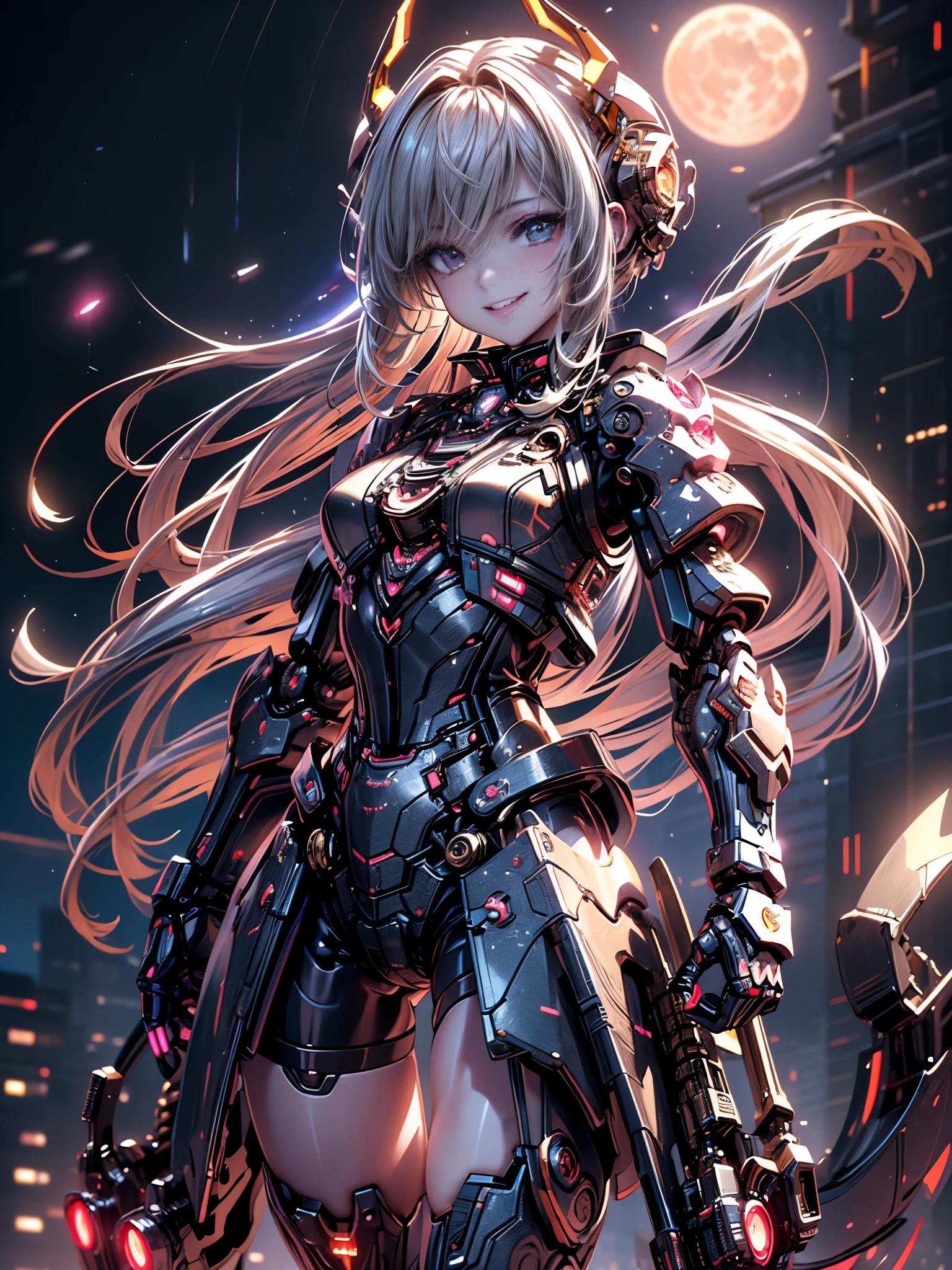 best image quality，excellent details，ultra high resolution，（fidelity：1.4），best illustrations，focus on details，daughter，The background is a futuristic city，((night with a bright moon))，beauty of android、fancy blonde hairstyle、19 years old、Neat and detailed facial features、beautiful girl、Devil mechanical armor based on bright purple、(smile:1.2)(Realistic mechanical parts:1.3)(Bare skin of chest and thighs exposed:1.3)（play guitar🎸、cyber guitarist:1.4）