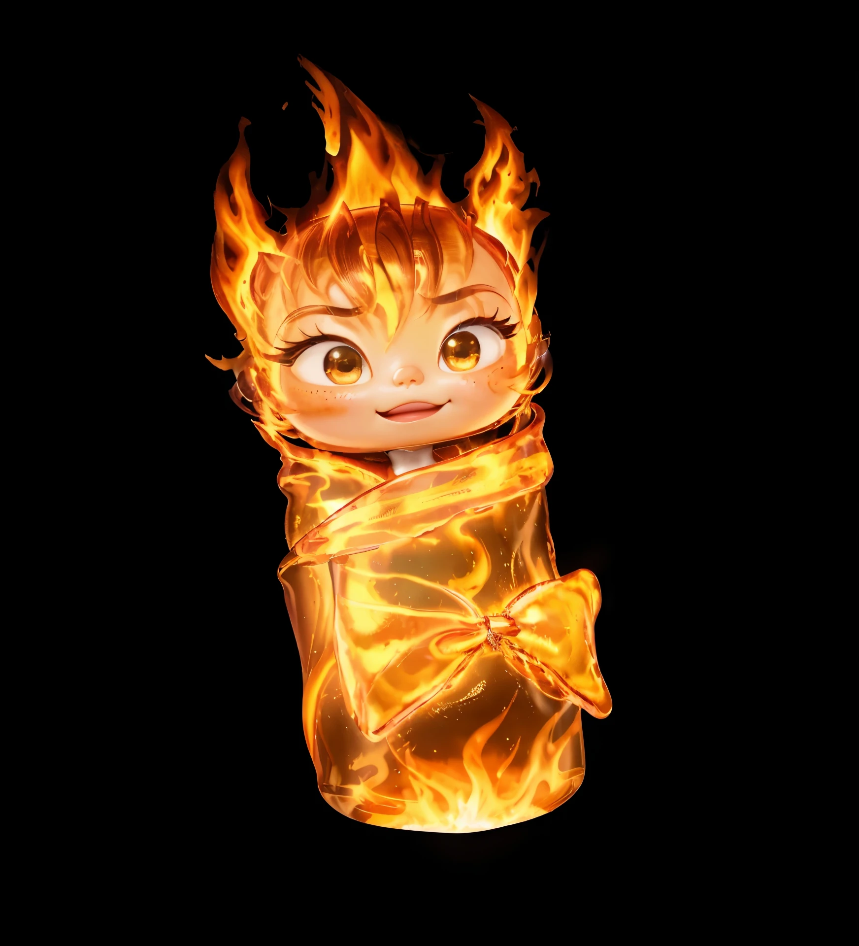 there is a cute chibi cartoon character in a baby bag a bow tie on, newborn ember fromelementals, firey, appears as the fire goddess, cute pixar character, the background is dark, her hair is made out of fire, she has fire powers, tiny firespitter, has fire powers, by Pixar, render in pixar, pixar cute character design, adorable digital painting, her body made of flames, glossy texture, smooth 3d model, multiple light sources, rim light, sharp post effects render, (glossy metallic texture with multiple big light probe refractions), perfect cgi, cgi art created only with gradients, smooth silhouette, high intensity refraction, (super glossy chrome material), most beautiful vfx, blue background, chrome metal refractions, rim light, high resolution, realistic