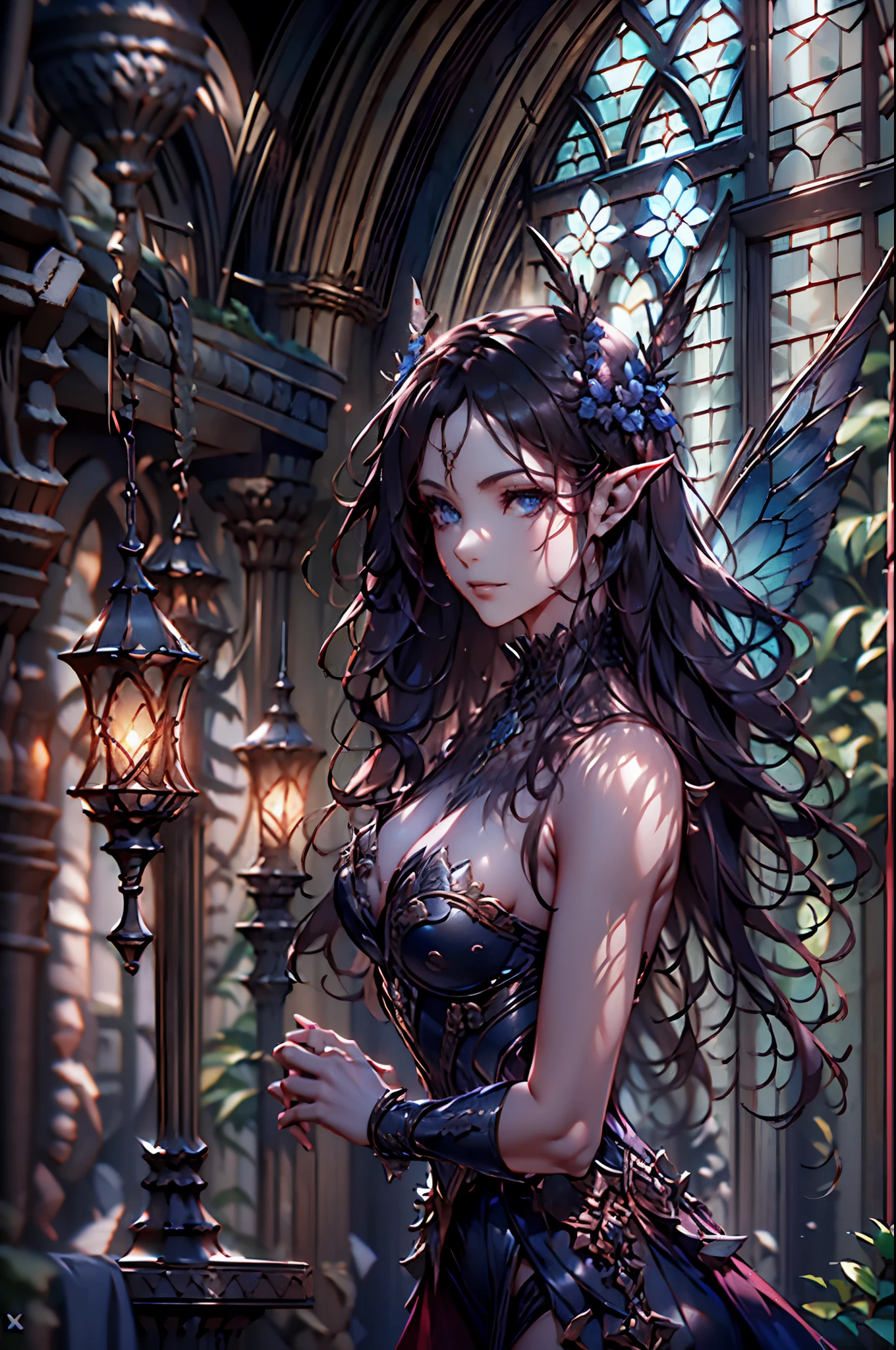 high details, best quality, 16k, RAW, [best detailed], masterpiece, best quality, (extremely detailed), full body, ultra wide shot, photorealistic, dark fantasy art, goth art, RPG art, D&D art, a picture of a dark female fairy in a goth church extremely beautiful fairy, ultra feminine (intense details, Masterpiece, best quality), best detailed face (intense details, Masterpiece, best quality), having wide butterfly wings, spread butterfly wings (intense details, Masterpiece, best quality), dark colors wings (intense details, Masterpiece, best quality), black hair, long hair, shinning hair, flowing hair, dark smile, wicked smile, blue eyes, dark red lips, wearing [red] dress latex corset (intense details, Masterpiece, best quality), dynamic elegant dress bondage gear, chocker, wearing high heels, in flower shop (intense details, Masterpiece, best quality), (intense details, Masterpiece, best quality) a dark goth era street background, dim light, cinematic light, gaslight lamp light, High Detail, Ultra High Quality, High Resolution, 16K Resolution, Ultra HD Pictures, 3D rendering Ultra Realistic, Clear Details, Realistic Detail, Ultra High Definition