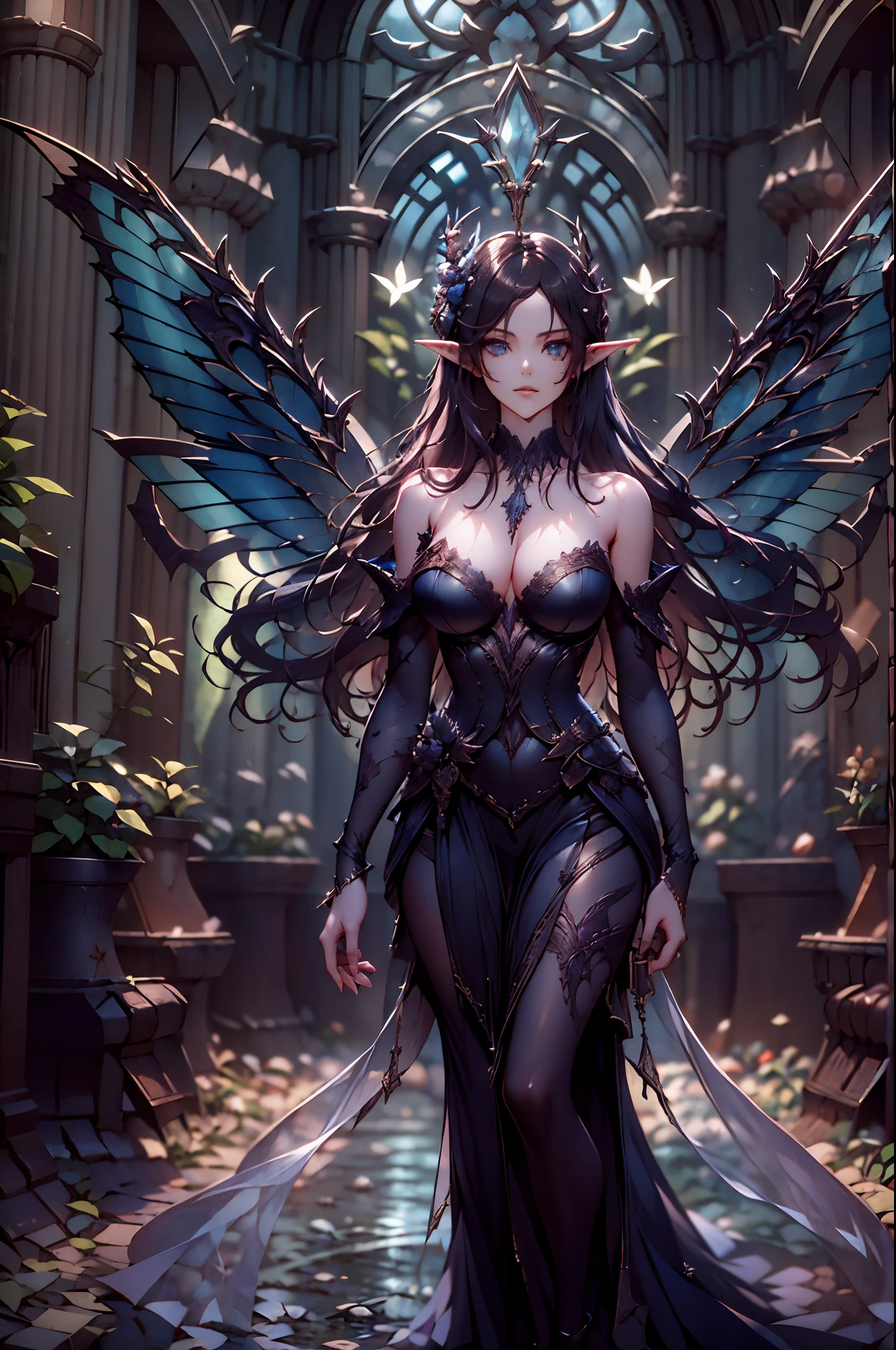 high details, best quality, 16k, RAW, [best detailed], masterpiece, best quality, (extremely detailed), full body, ultra wide shot, photorealistic, dark fantasy art, goth art, RPG art, D&D art, a picture of a dark female fairy in a goth church extremely beautiful fairy, ultra feminine (intense details, Masterpiece, best quality), best detailed face (intense details, Masterpiece, best quality), having wide butterfly wings, spread butterfly wings (intense details, Masterpiece, best quality), dark colors wings (intense details, Masterpiece, best quality), black hair, long hair, shinning hair, flowing hair, dark smile, wicked smile, blue eyes, dark red lips, wearing [red] dress latex corset (intense details, Masterpiece, best quality), dynamic elegant dress bondage gear, chocker, wearing high heels, in flower shop (intense details, Masterpiece, best quality), (intense details, Masterpiece, best quality) a dark goth era street background, dim light, cinematic light, gaslight lamp light, High Detail, Ultra High Quality, High Resolution, 16K Resolution, Ultra HD Pictures, 3D rendering Ultra Realistic, Clear Details, Realistic Detail, Ultra High Definition