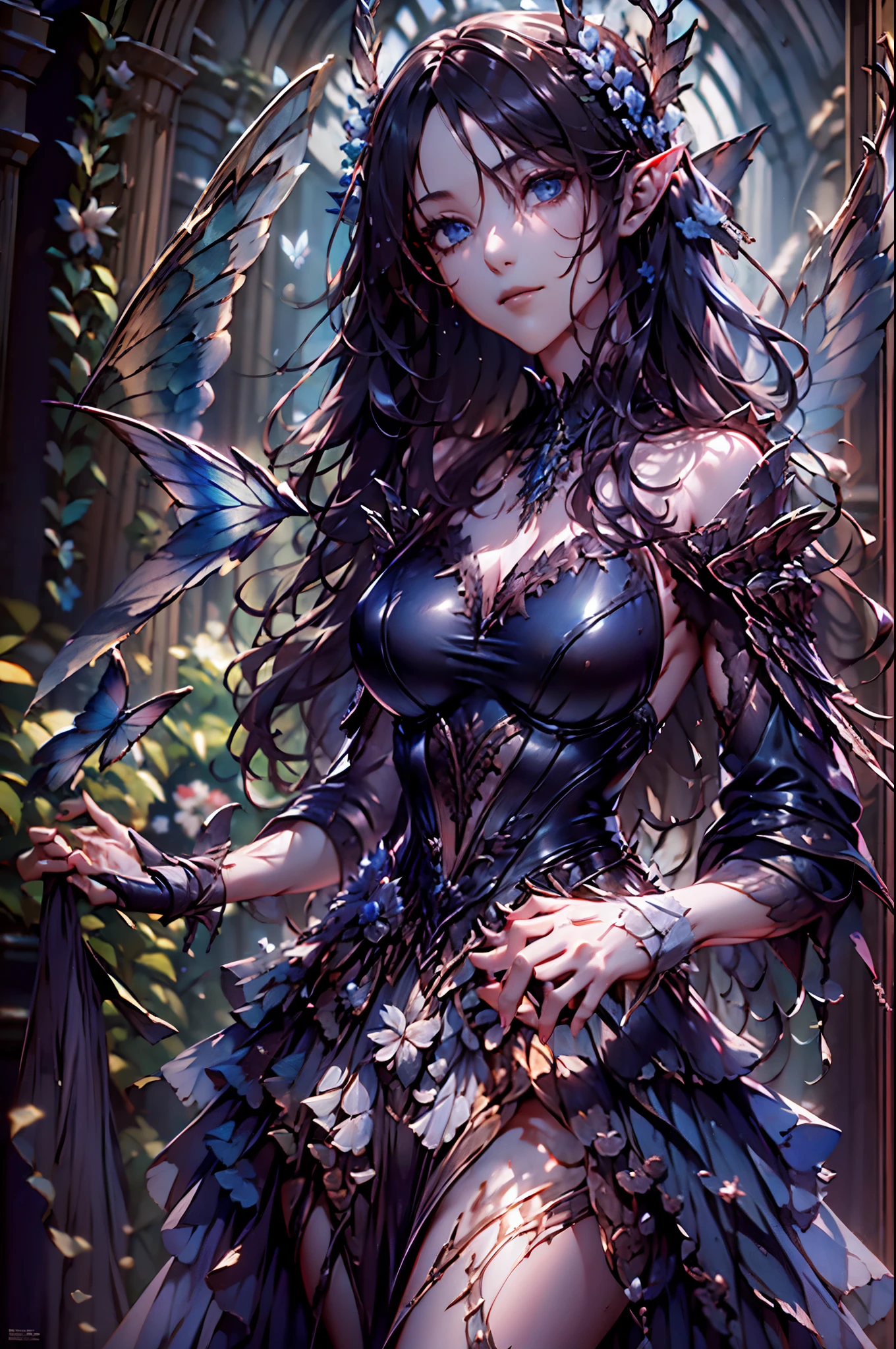 high details, best quality, 16k, RAW, [best detailed], masterpiece, best quality, (extremely detailed), full body, ultra wide shot, photorealistic, dark fantasy art, goth art, RPG art, D&D art, a picture of a dark female fairy in a goth church extremely beautiful fairy, ultra feminine (intense details, Masterpiece, best quality), best detailed face (intense details, Masterpiece, best quality), having wide butterfly wings, spread butterfly wings (intense details, Masterpiece, best quality), dark colors wings (intense details, Masterpiece, best quality), black hair, long hair, shinning hair, flowing hair, dark smile, wicked smile, blue eyes, dark red lips, wearing [red] dress latex corset (intense details, Masterpiece, best quality), dynamic elegant dress bondage gear, chocker, wearing high heels, in flower shop (intense details, Masterpiece, best quality), (intense details, Masterpiece, best quality) a dark goth era street background, dim light, cinematic light, gaslight lamp light, High Detail, Ultra High Quality, High Resolution, 16K Resolution, Ultra HD Pictures, 3D rendering Ultra Realistic, Clear Details, Realistic Detail, Ultra High Definition