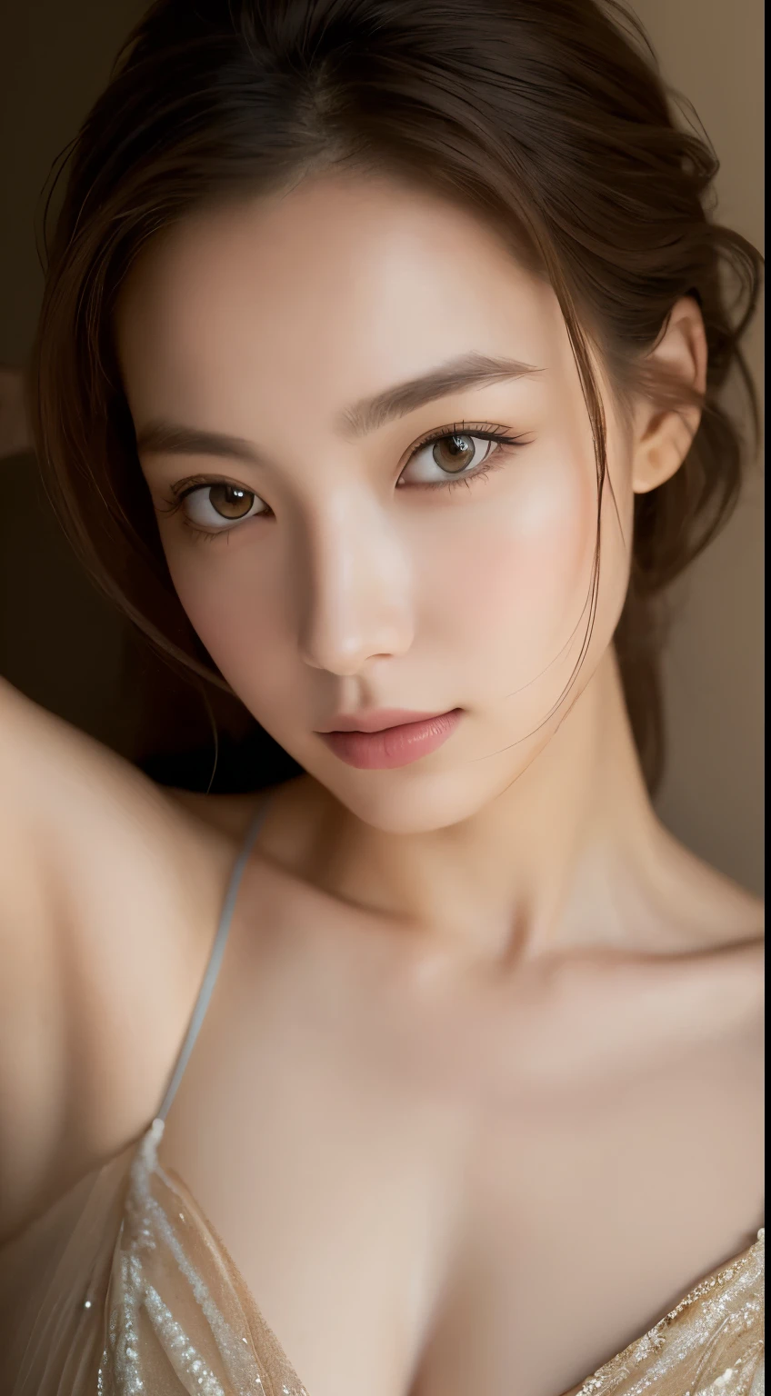 "A self-portrait of a woman wearing a sleeveless dress that reveals her bare shoulders and arms, captured in stunning detail. The dress has a plunging neckline, emphasizing her collarbones and décolletage. The woman's pose exudes confidence and elegance, with one hand resting on her hip and the other holding a smartphone to take the selfie. Her expression is serene yet alluring, inviting viewers to admire her beauty. Soft, natural lighting highlights the texture of her dress and the contours of her face. Camera: Close-up. Lens: 85mm."