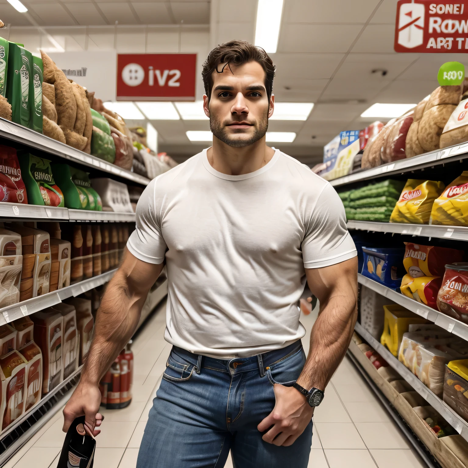 Qualidade de imagem ultra-alta, realistic and strong male characteristics, um homem inspirado em Henry Cavill como Wolverine, a man inside the supermercado, vestindo uma camisa branca e jeans, extremely hot and sexy perfect abdomen, full body view (vista frontal) , luz difusa, location: supermercado, foto colorida, (candid human pele), pele