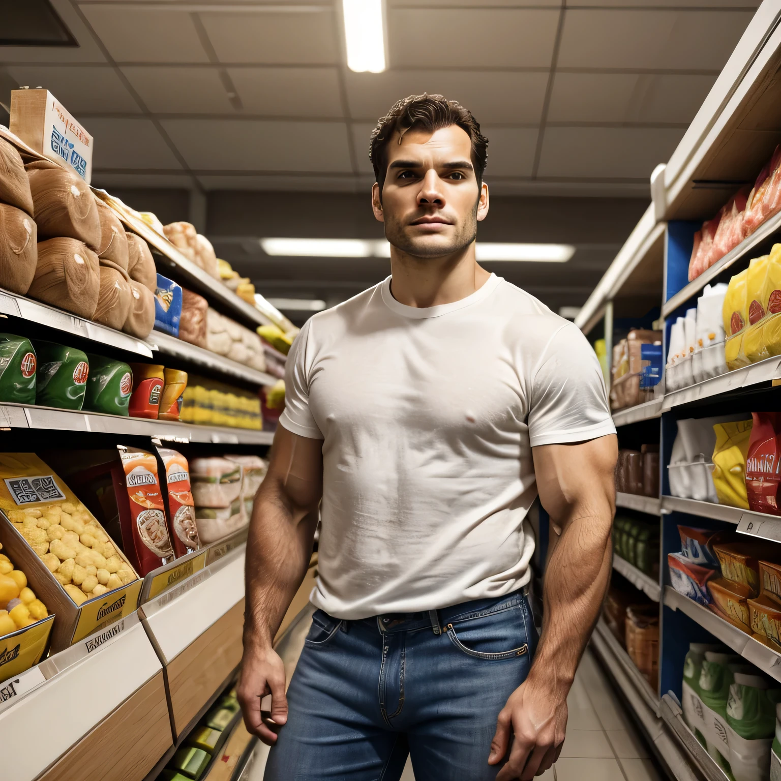 Qualidade de imagem ultra-alta, realistic and strong male characteristics, um homem inspirado em Henry Cavill como Wolverine, a man inside the supermercado, extremely hot and sexy perfect abdomen, (corpo nu, Raspada, Standing, pernas largas) (com pau grande) (seu pau brilhante com detalhes altos), (his penis is very big, Super grande, Comprimento enorme, muitas veias aparecendo, detalhado), full body view (vista frontal), full body view (vista frontal), luz difusa, location: supermercado, foto colorida, (candid human pele), pele