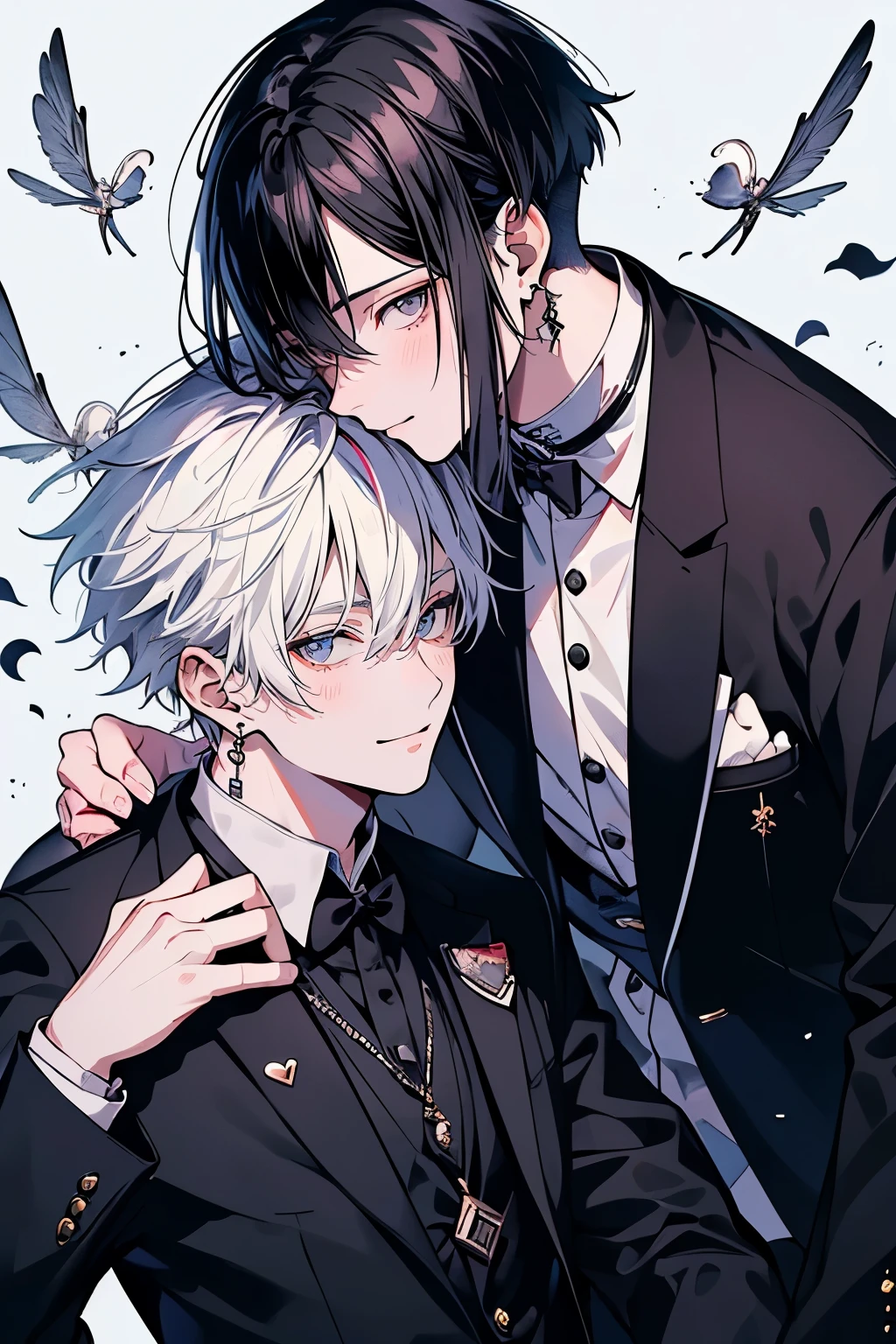 (pieces fly), (highest quality), very detailed, ((two friendly men)), perfect face, beautiful face, very detailed顔,(black haired man:1.3),(white haired man:1.3),suit,shirt,smile