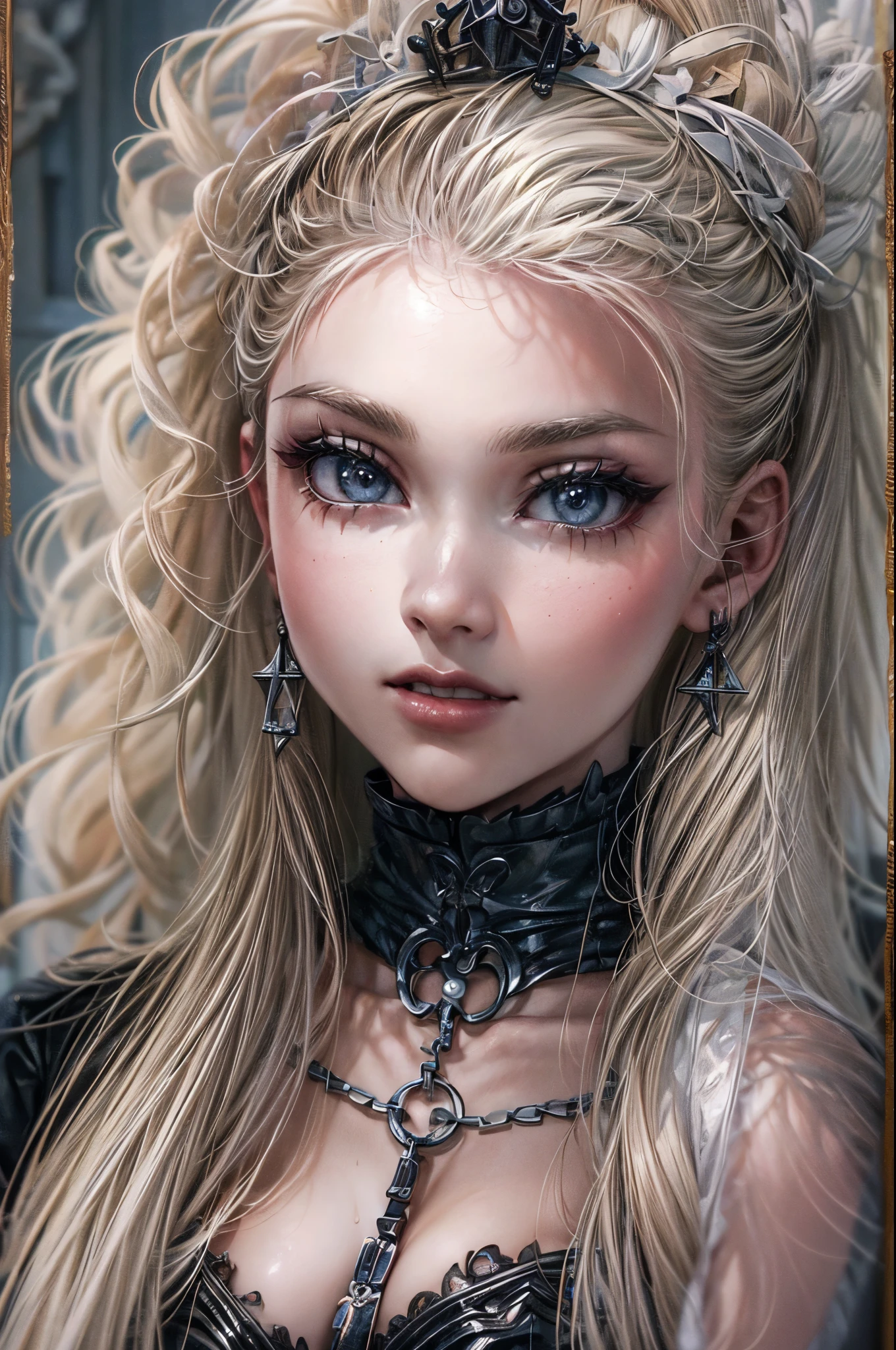 a goth picture of Barbie as a gothic queen (best details, Masterpiece, best quality :1.5), ultra detailed face (best details, Masterpiece, best quality :1.5), ultra feminine (best details, Masterpiece, best quality :1.5), wearing latex black mini dress, black stockings, pink high heels, long braided hair, hair pulled back, blond hair, dynamic goth background (best details, Masterpiece, best quality :1.5), ultra best realistic pictures , best details, best quality, 16k, [ultra detailed], masterpiece, best quality, (extremely detailed), ultra wide shot, photorealism, depth of field, hyper realistic painting, wearing collar, hihelz