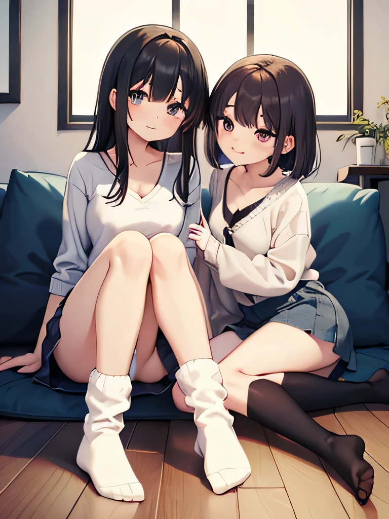 (1) two women sitting next to each other, Drink a drink on a cushion on the flooring. Both women are sitting with their knees up while wearing, Her white panties are fully visible between her thighs and skirt..
(2) The first woman wears a turtle knit and a pleated miniskirt、I'm wearing black socks。. she has long black hair. she looks mature.
(3) The second woman is wearing a V-neck knit, Denim miniskirt and white leg warmers. She has short brown hair. She has a young face.
(4) The location is the living room at night..