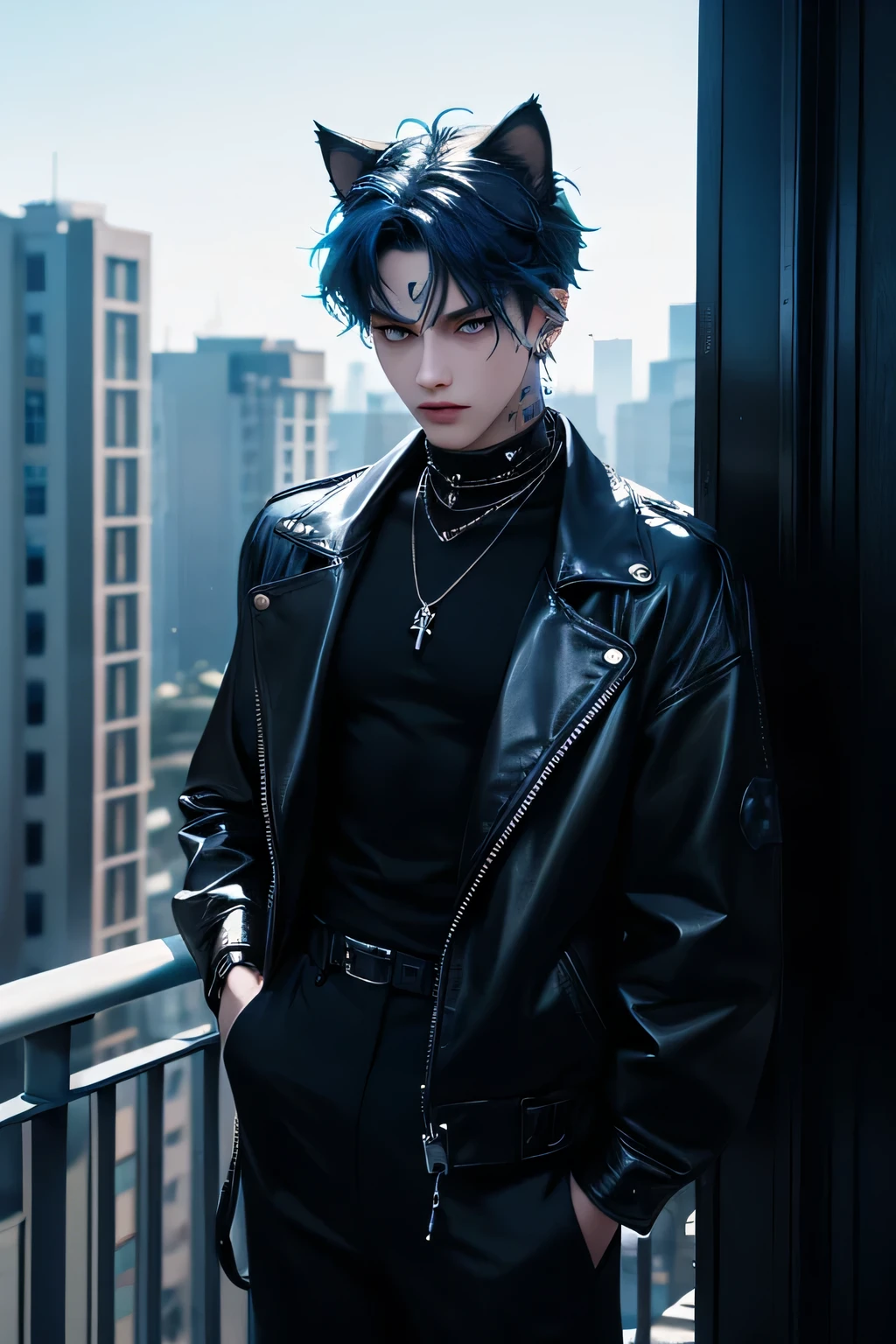 ((Mejor calidad)), ((Obra maestra)), 8K (detallado), ((cara perfecta)), ((Medio cuerpo)) perfect proporcions, el es un chico guapo, he is 18 years old, he has messy blue hair, el tiene orejas de gato, Lleva ropa de cuero negro., he wears chain necklaces, el tiene piercings,, tiene tatuajes en la cara, el esta en un balcon, hay un cielo nocturno ((cara perfecta)) pelo azul, ropa gotica