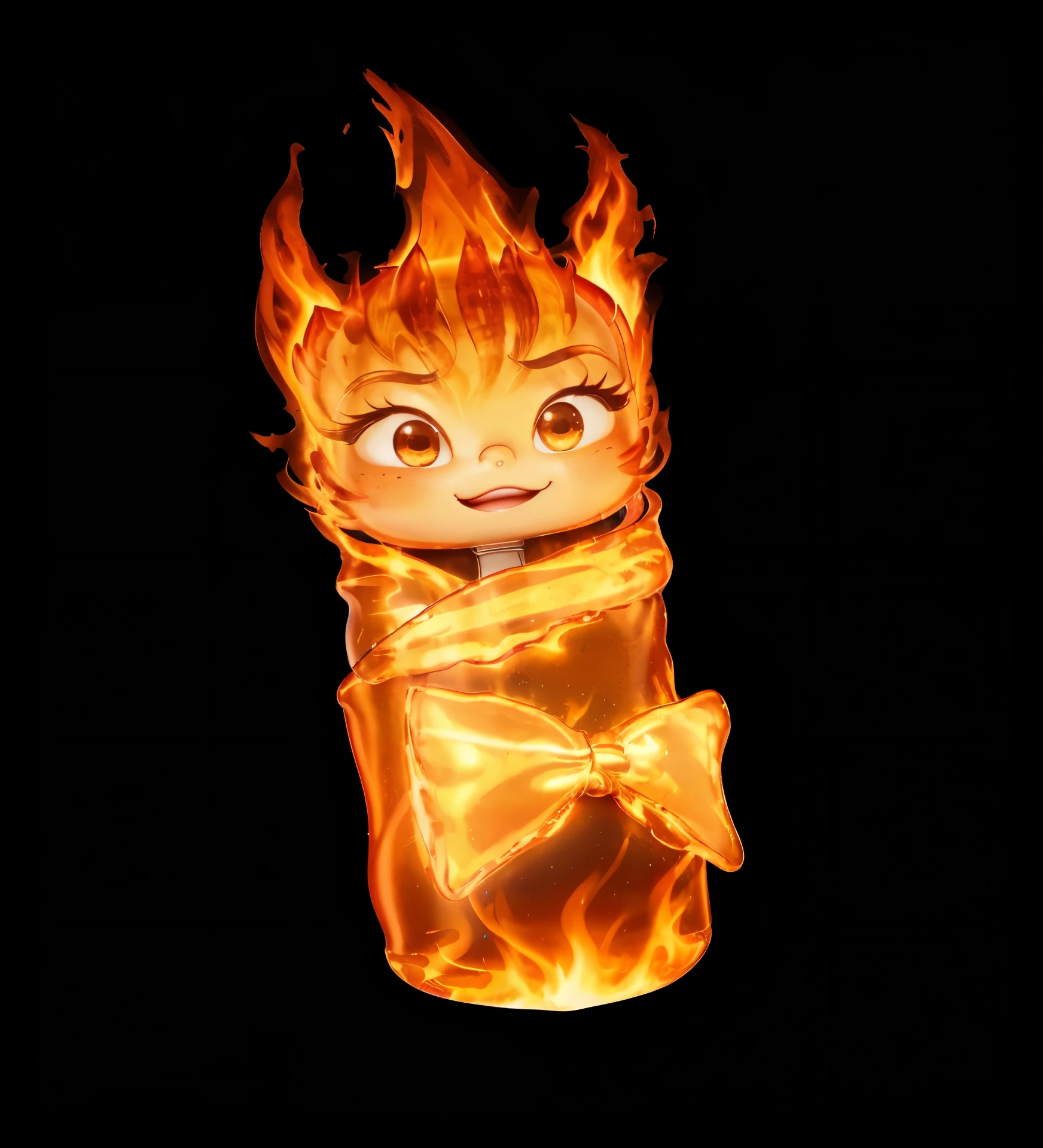 there is a cute chibi cartoon character in a baby bag a bow tie on, newborn ember fromelementals, firey, appears as the fire goddess, cute pixar character, the background is dark, her hair is made out of fire, she has fire powers, tiny firespitter, has fire powers, by Pixar, render in pixar, pixar cute character design, adorable digital painting, her body made of flames, glossy texture, smooth 3d model, multiple light sources, rim light, sharp post effects render, (glossy metallic texture with multiple big light probe refractions), perfect cgi, cgi art created only with gradients, smooth silhouette, high intensity refraction, (super glossy chrome material), most beautiful vfx, blue background, chrome metal refractions, rim light, high resolution, realistic