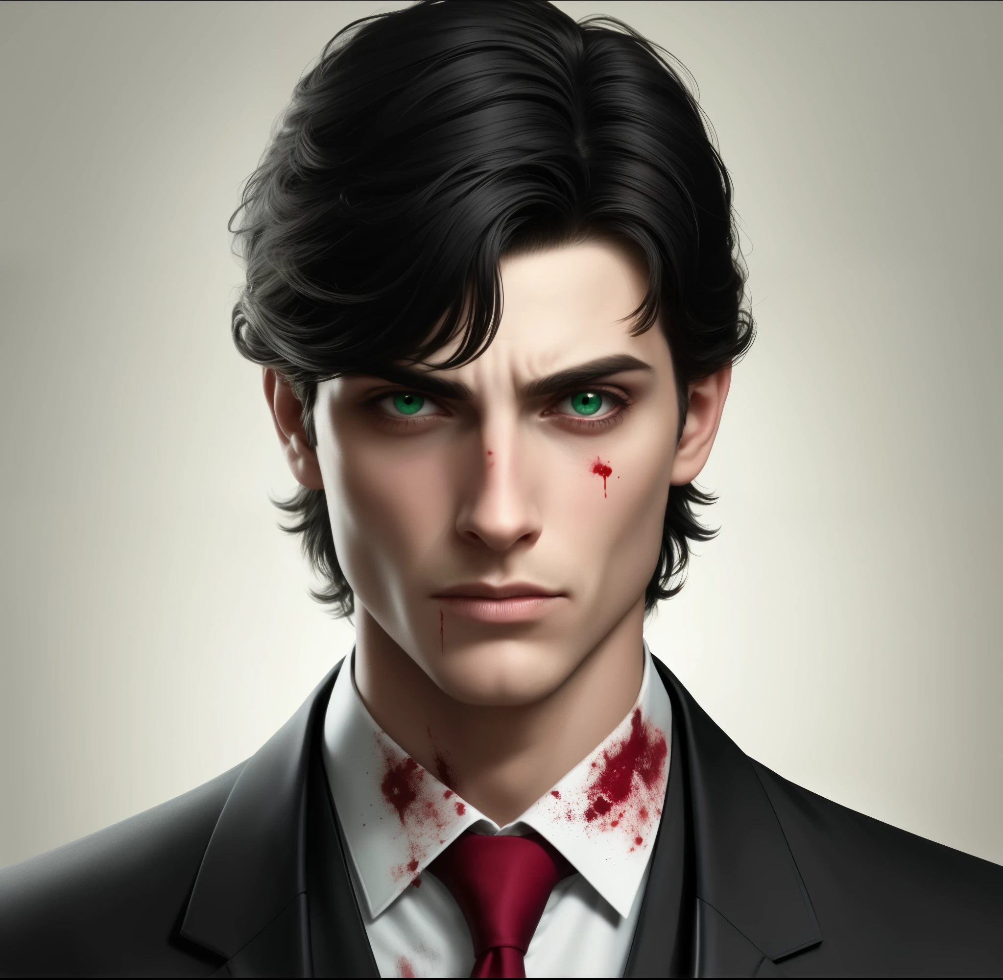 chico manchado con un poco de sangre, piel palida ojos de color verde oscuro, tiene una mirada intimidante es un poco inexpresivo, tiene el pelo de color ????? medio ondulado corto elegante, una mandibula marcada y viste con traje de color ????? y guantes rojos cejas perfiladas, tiene las facciones marcadas, es un asesino y villano.
