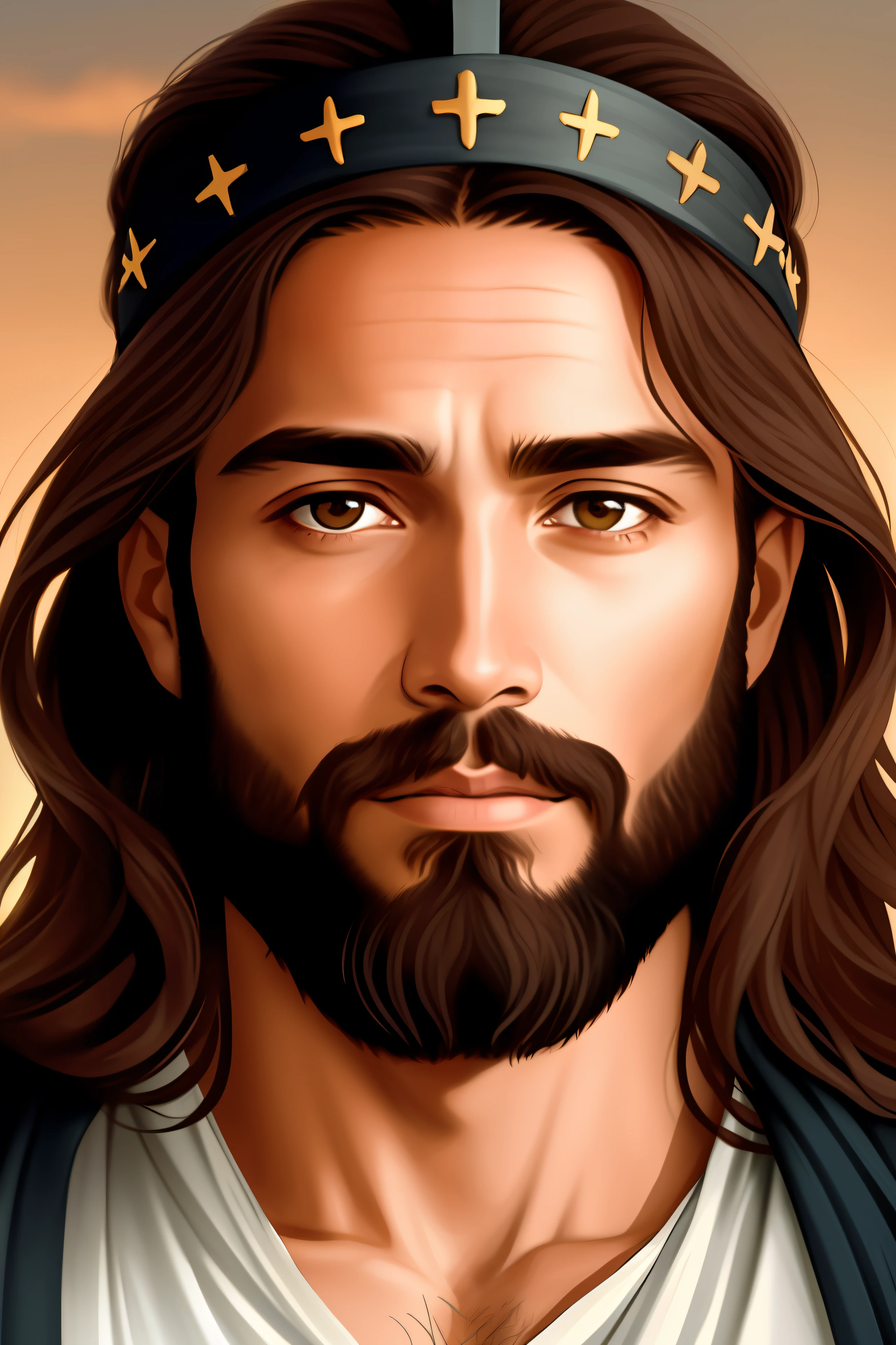 "Por favor, crie um retrato realista de Jesus, representando-o como um homem simples e humilde. Highlight the calm, compassionate expression on your face, com olhos serenos e um sorriso suave. Be sure to faithfully portray Jesus' characteristic facial features, como sua barba e cabelo comprido. Add a crown of thorns to your head, enfatizando o aspecto doloroso, but without exaggerating the violence. Use soft lighting to emphasize the aura of kindness and peace around you. The main focus should be to convey the message of love and compassion that Jesus represents. Avoid any offensive or disrespectful representations. The goal is to create a reverent and inspiring image that captures the essence of Jesus as a simple man and Savior of humanity.."