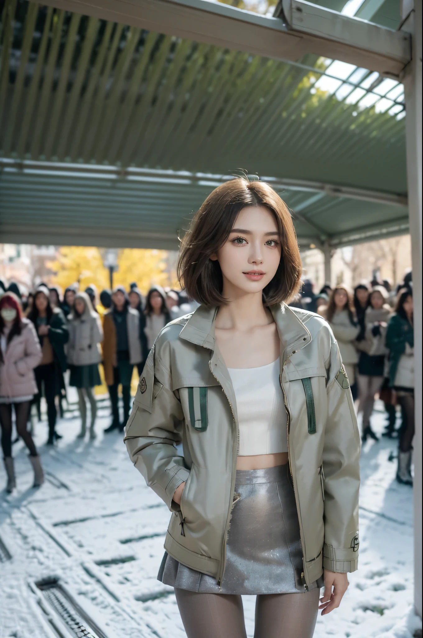 ((((8k))),((Extremely meticulous CG)) ,(wallpaper),16k,((Extremely refined and beautiful)),(((Masterpiece))),(((best qualtiy))),(((Ultra High Resolution))),beautiful light up,Perfect lightning,realistic shaded,((high resolution)),(Smooth and flawless fair skin:1.5),(pale skin:1.3),(Extremely exquisite facial details:1.2),(perfect body:1.1),(ultra-detailed),A beautiful girl,solo,(small head:1.2),(shoulder length straight bob hair:1.2),(small face:1.2),(Exquisite makeup:1.2),(small breasts:1.2),(flat chests:1.2),((slim,thin)),happy,(laughing:1.2),(Green down jacket:1.5),(slender legs:1.2),(underneath the jacket is Light gray pantyhose:1.5),(brown boots:1.3),(day scene:1.3),(in the afternoon:1.2),(bright sunshine:1.2),(urban landscape:1.3),(At the school gate:1.3),(winter:1.2),(snow scape:1.1),(detailed background:1.5),(standing:1.3),(upper body:1.3),(from front:1.3),(surrounded by crowded crowds:1.5)