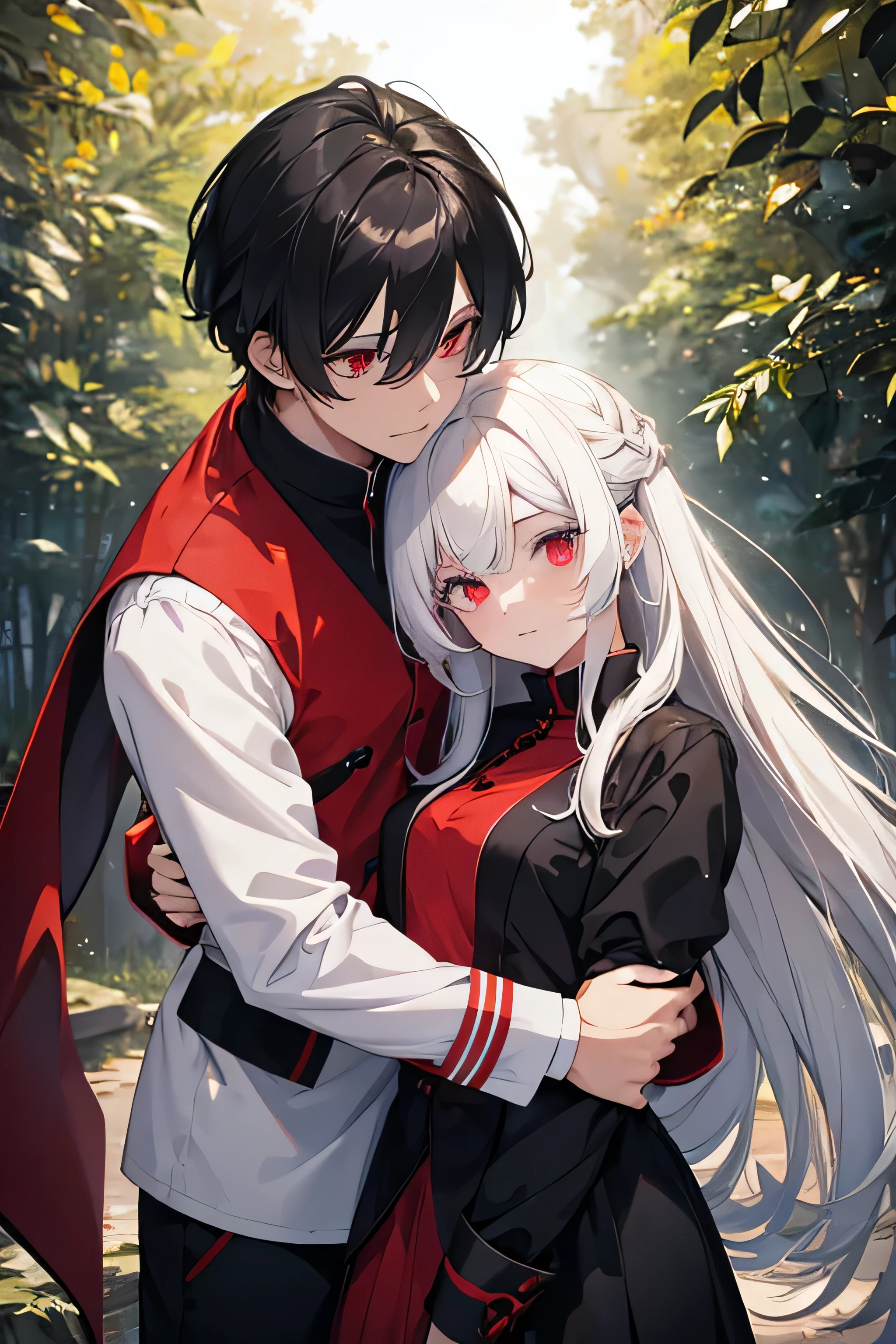 white hair girl and red eyes. She is hugging a black hair boy. with nature background