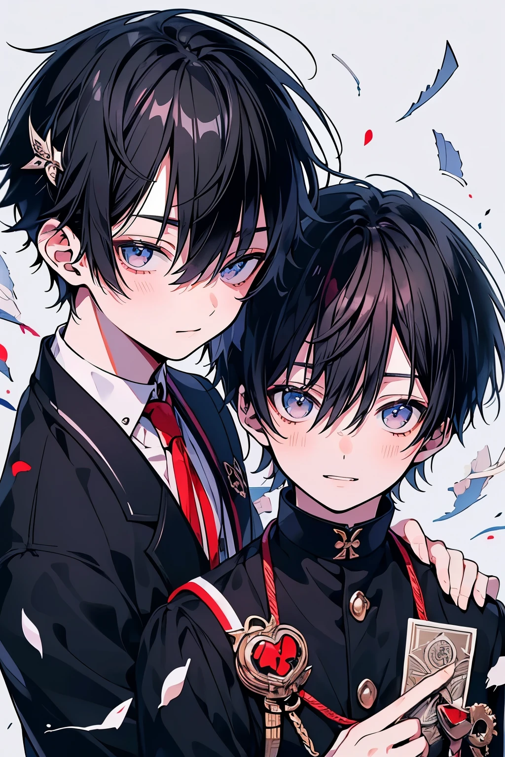 (pieces fly), (highest quality), very detailed, ((two friendly boys)), perfect face, beautiful face, very detailed顔，(black haired man:1.3)，(white haired man:1.3)，school uniform，smile
