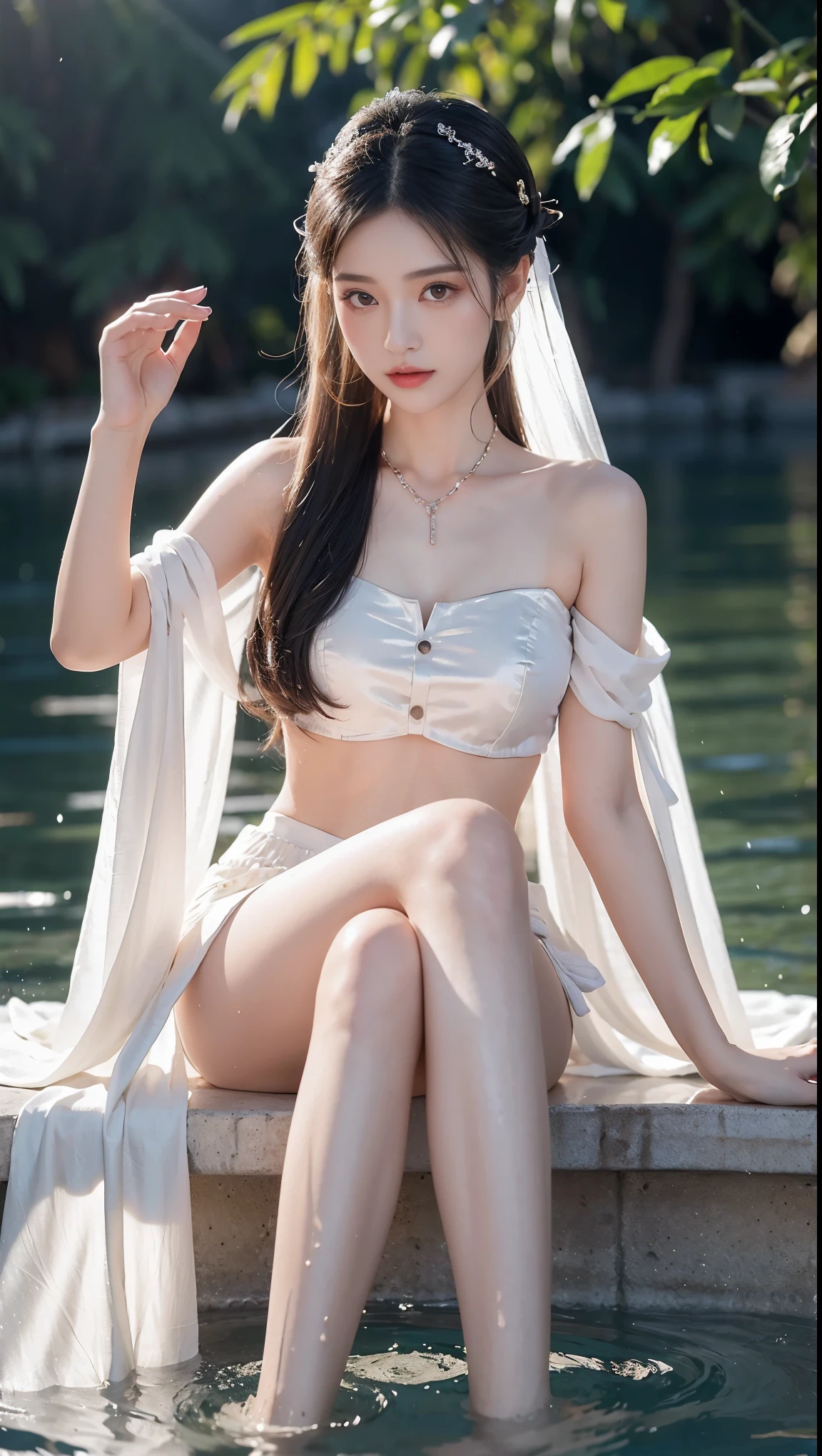 best picture quality，extremely high resolution，Very detailed，stunning girl，sitting in the pool，long eyelashes，big eyes，shining eyes，lying silkworm，plump lips，small nose，a happy expression，Sweet，Exquisite makeup，full-body shot，snow white skin，slim figure，take off shoulders，clavicle，abdomenband，abdomen，abdomen button，Slender white legs，White and tender skin，White embroidered mini skirt，necklace，Showing thighs，lace，Sweet，long hair flying，best quality，masterpiece，full-body shot，facial focus，slim figure，细腰白色abdomenband，imagine，full-body shot
Model: Hanfu, CFG scale: 7, Hire high-end people: 1.5, lola: future fashion(0.4)、neon(0.4)、martial arts(0.8)、Asian Face Girls-2(0.4)、poetic fairy tale(0.01)