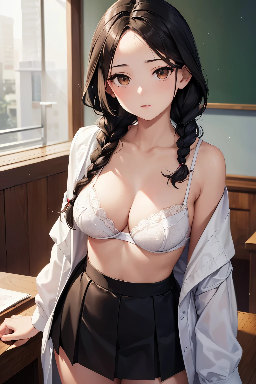 ((highest quality)),(ultra high resolution),(Super detailed),(detailed description),((best CG)),(best work of art),super precision art,great drawing art,(Art with precise details:1.5), Portrait:1.6,bust shot:1.4,(1 woman:1.5),beautiful and well-shaped face:1.5、 Japanese、girl,Slender、mole on chest、(white bra:1.4)、small face、brown eyes、tall、 highres,black hair、long hair、classroom、、(standing facing left:1.2)、black skirt、I&#39;m holding my chest close to my chest、(low braids:1.3)