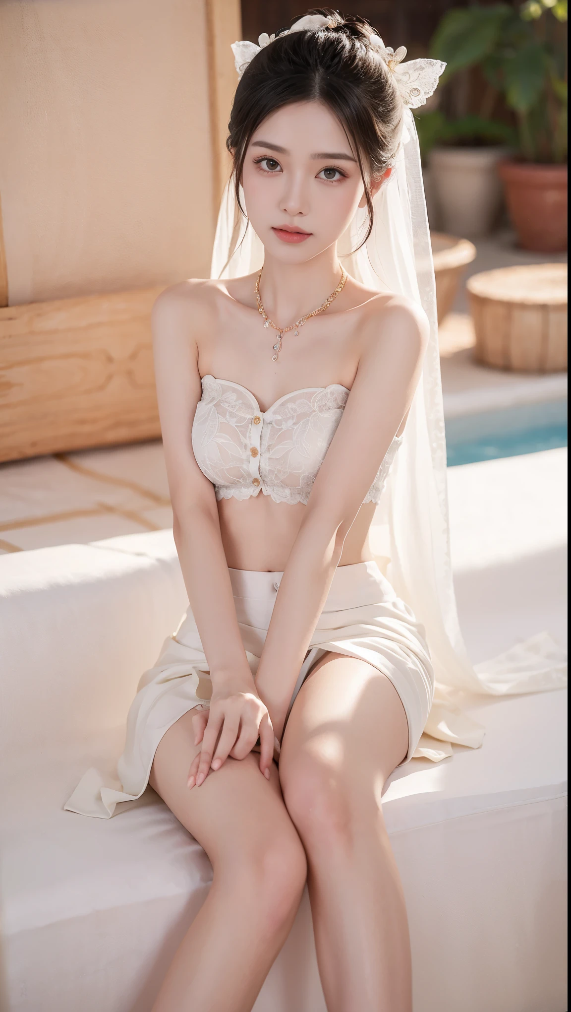 best picture quality，extremely high resolution，Very detailed，stunning girl，sitting in the pool，long eyelashes，big eyes，shining eyes，lying silkworm，plump lips，small nose，a happy expression，Sweet，Exquisite makeup，full-body shot，snow white skin，slim figure，take off shoulders，clavicle，abdomenband，abdomen，abdomen button，Slender white legs，White and tender skin，White embroidered mini skirt，necklace，Showing thighs，lace，Sweet，long hair flying，best quality，masterpiece，full-body shot，facial focus，slim figure，细腰白色abdomenband，imagine，full-body shot
Model: Hanfu, CFG scale: 7, Hire high-end people: 1.5, lola: future fashion(0.4)、neon(0.4)、martial arts(0.8)、Asian Face Girls-2(0.4)、poetic fairy tale(0.01)