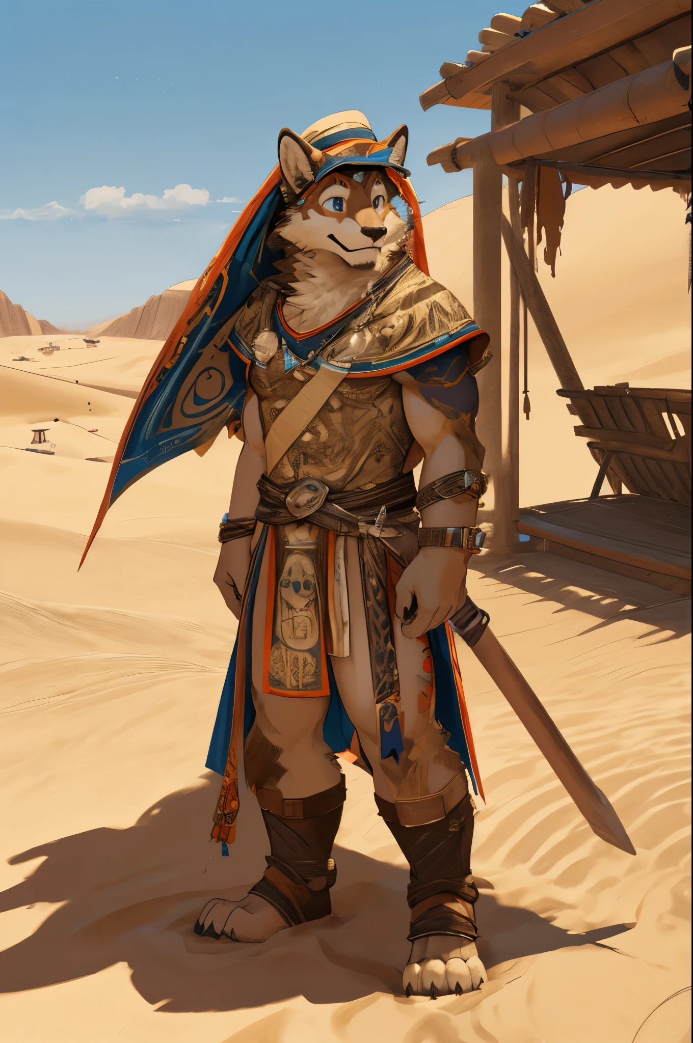 cover page, High-quality illustrations, masterpiece, super high resolution, detailed background, desert, sand dunes, pyramid, Traditional costumes, Happy, joyful, absurdres(Travel photos of a two-person trip)perfect anatomy(kemono, furry anthro)cinematic lighting, beautiful shadow,