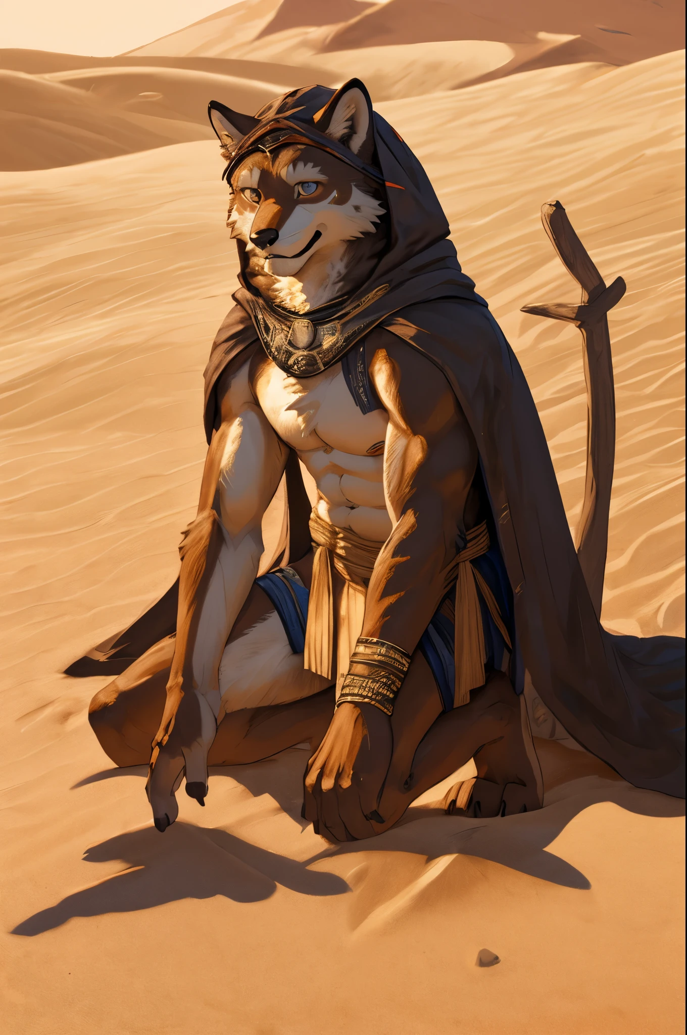 ultra-detailed, masterpiece, masterwork, high quality, best quality, hdr, (nature, pyramid, sand), posted on e621, (by hioshiru), nsfw, male, solo, (little body anubis), canine, (nude), (long silver hair, yellow eyes), sitting, dynamic angle, ((micropenis, foreskin, perfect balls))