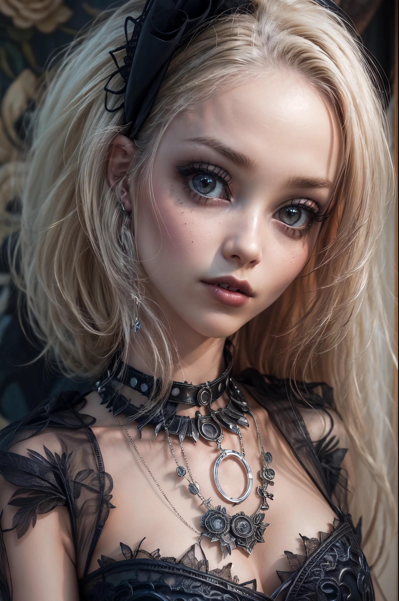 a goth picture of Barbie as a gothic queen (best details, Masterpiece, best quality :1.5), ultra detailed face (best details, Masterpiece, best quality :1.5), ultra feminine (best details, Masterpiece, best quality :1.5), wearing latex black mini dress, black stockings, pink high heels, long braided hair, hair pulled back, blond hair, dynamic goth background (best details, Masterpiece, best quality :1.5), ultra best realistic pictures , best details, best quality, 16k, [ultra detailed], masterpiece, best quality, (extremely detailed), ultra wide shot, photorealism, depth of field, hyper realistic painting, wearing collar, hihelz