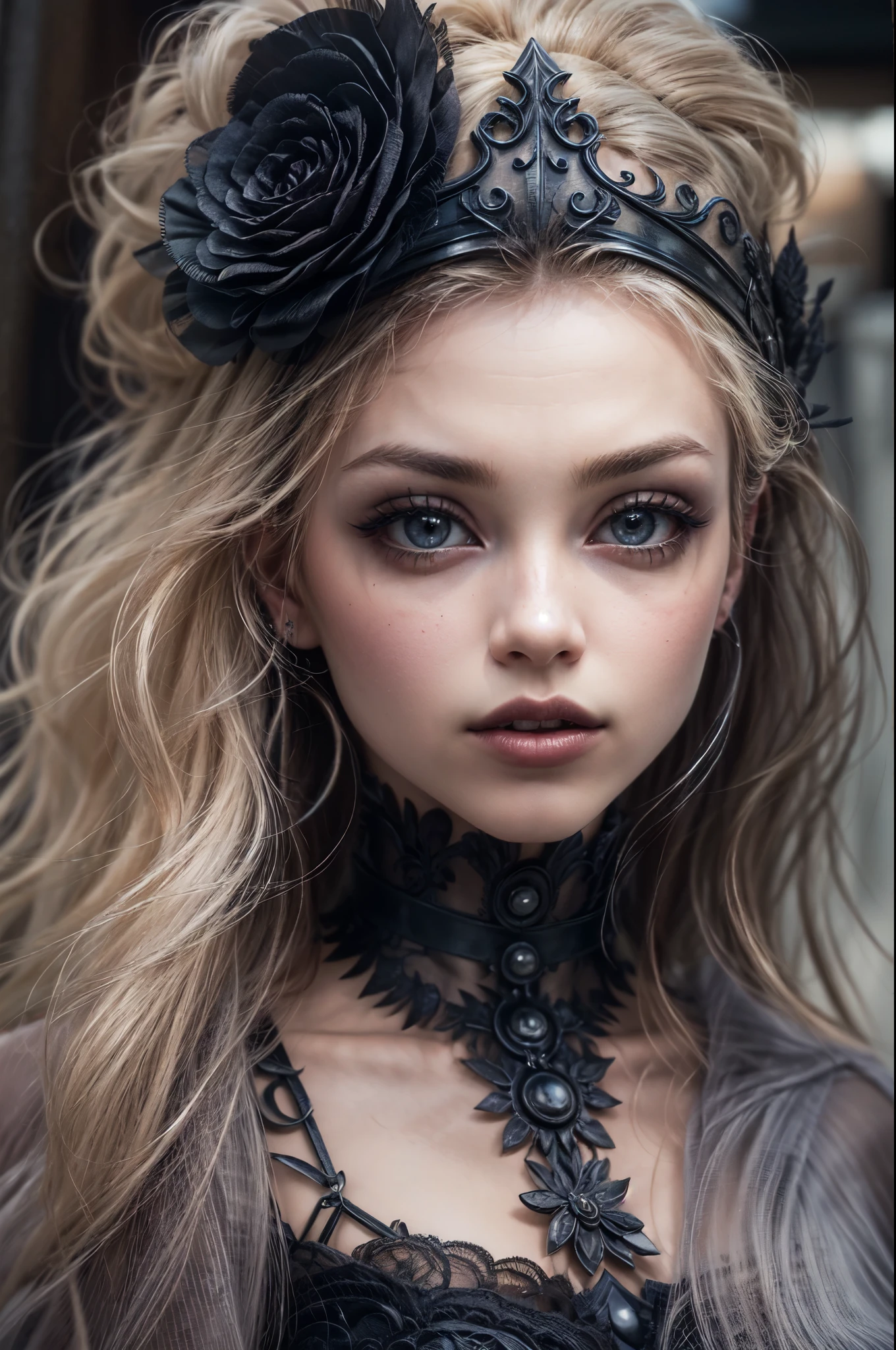 a goth picture of Barbie as a gothic queen (best details, Masterpiece, best quality :1.5), ultra detailed face (best details, Masterpiece, best quality :1.5), ultra feminine (best details, Masterpiece, best quality :1.5), wearing latex black mini dress, black stockings, pink high heels, long braided hair, hair pulled back, blond hair, dynamic goth background (best details, Masterpiece, best quality :1.5), ultra best realistic pictures , best details, best quality, 16k, [ultra detailed], masterpiece, best quality, (extremely detailed), ultra wide shot, photorealism, depth of field, hyper realistic painting, wearing collar, hihelz