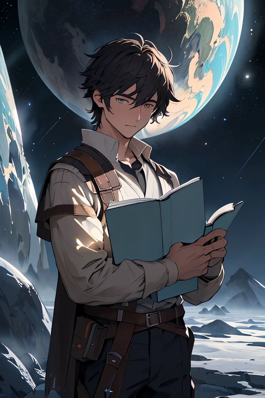 Dessine un jeune programmeur, assis sur une plateforme de recherche flottant au milieu d&#39;une ceinture d&#39;Asteroids. He is studying with a notebook, entouré de plusieurs Asteroids brillant d&#39;auras de feu. Spectacular lighting from&#39;étoiles et de planètes lointaines illumine la scène, projetant des ombres profondes sur le costume. Le jeune homme a l&#39;confident and determined air, regarder l&#39;Vast and mysterious universe with wonder and respect,Poils, tir de cow-boy,