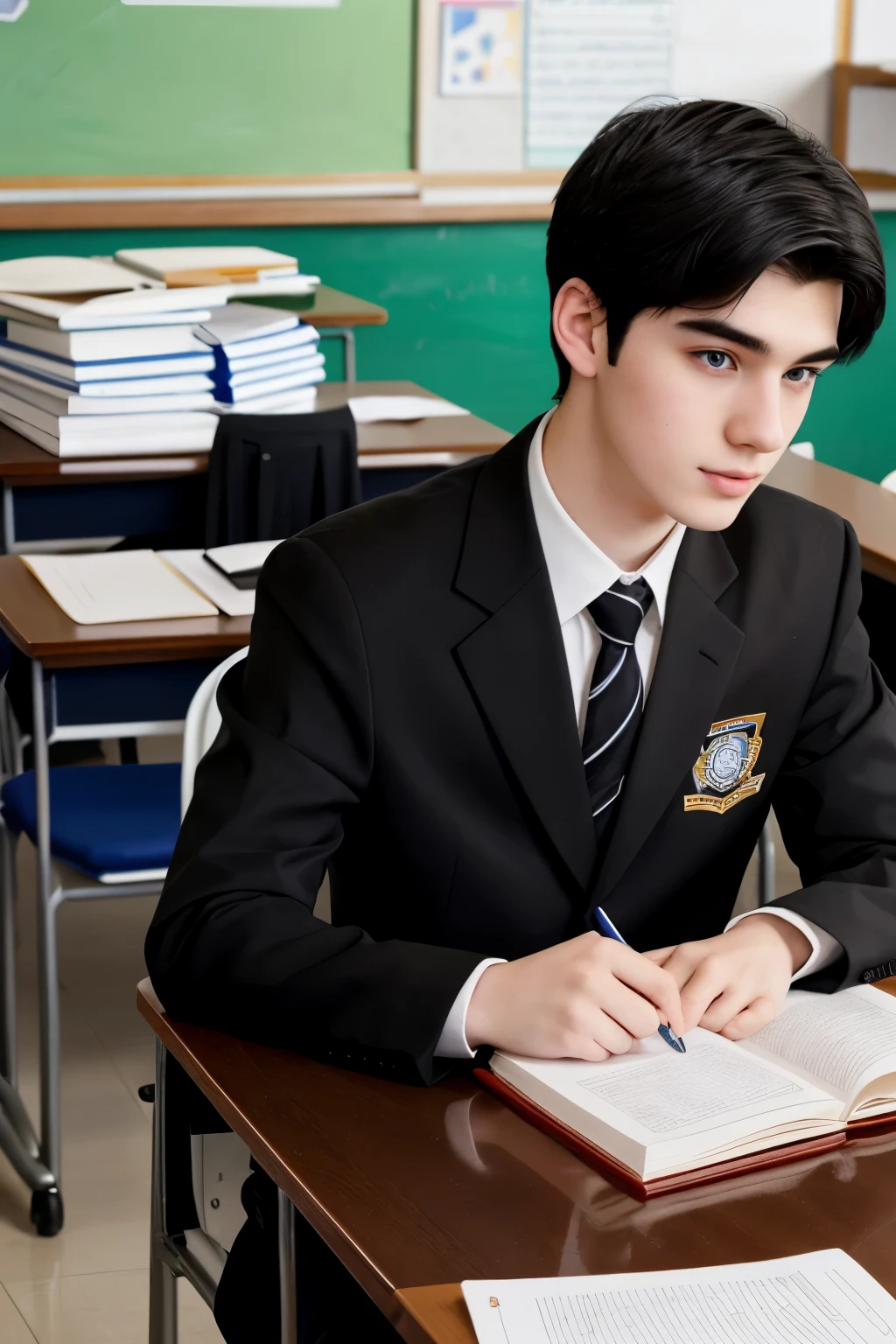 a handsome 20-year-old pale skin boy with black hair, wearing a student uniform, studying in a classroom