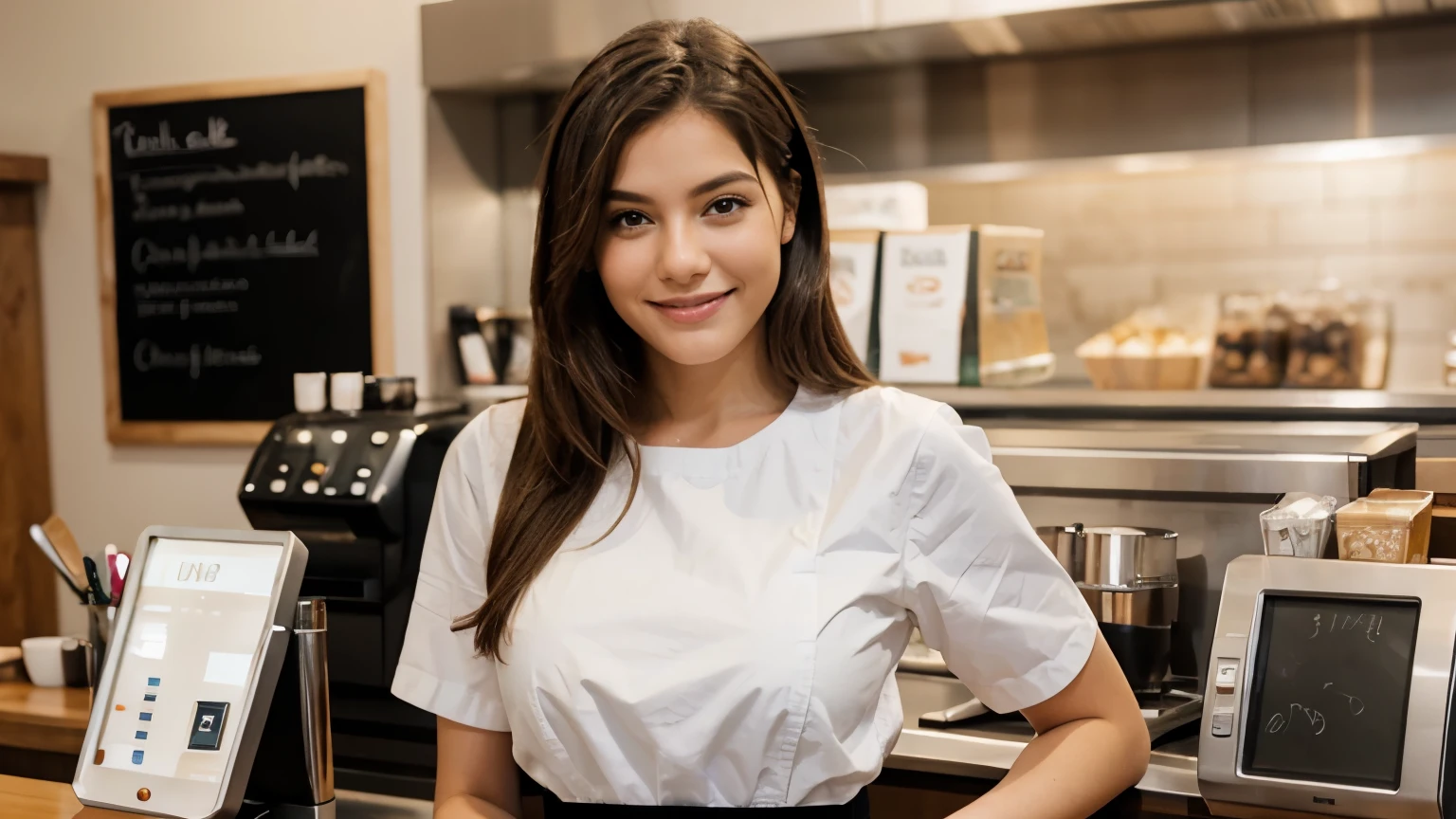 A beautiful smiling girl, behind a counter, serving coffee to a customer, apron and white shirt, don't show hands