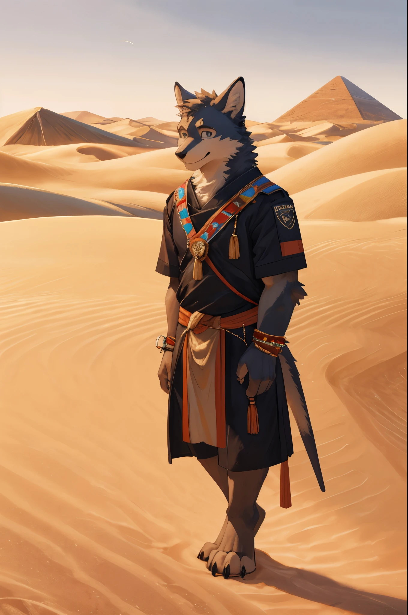 cover page, High-quality illustrations, masterpiece, super high resolution, detailed background, desert, sand dunes, pyramid, Traditional costumes, Happy, joyful, absurdres(Travel photos of a two-person trip)perfect anatomy(kemono, furry anthro)cinematic lighting, beautiful shadow,