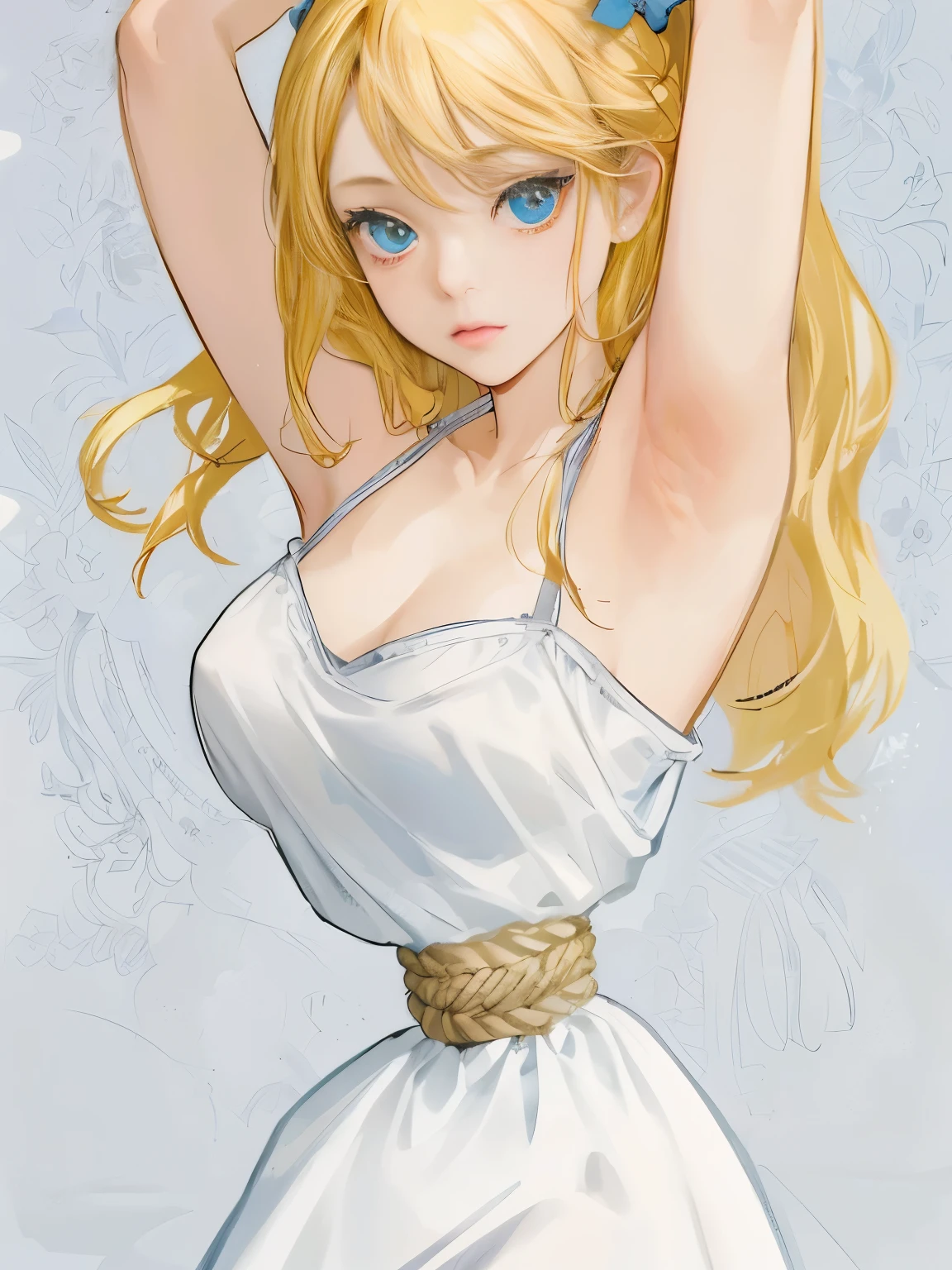 ((masterpiece)), ((best quality)), (ultra-detailed), torture room,(((rope strongly bound waist))),a cute girl, 1girl, solo,camisole onepiece dress,beautiful blonde hair, (beautiful blue eyes), long hair, expression of agony