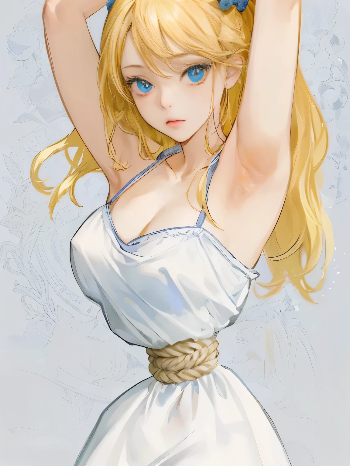 ((masterpiece)), ((best quality)), (ultra-detailed), torture room,(((rope strongly bound waist))),a cute girl, 1girl, solo,camisole onepiece dress,beautiful blonde hair, (beautiful blue eyes), long hair, expression of agony