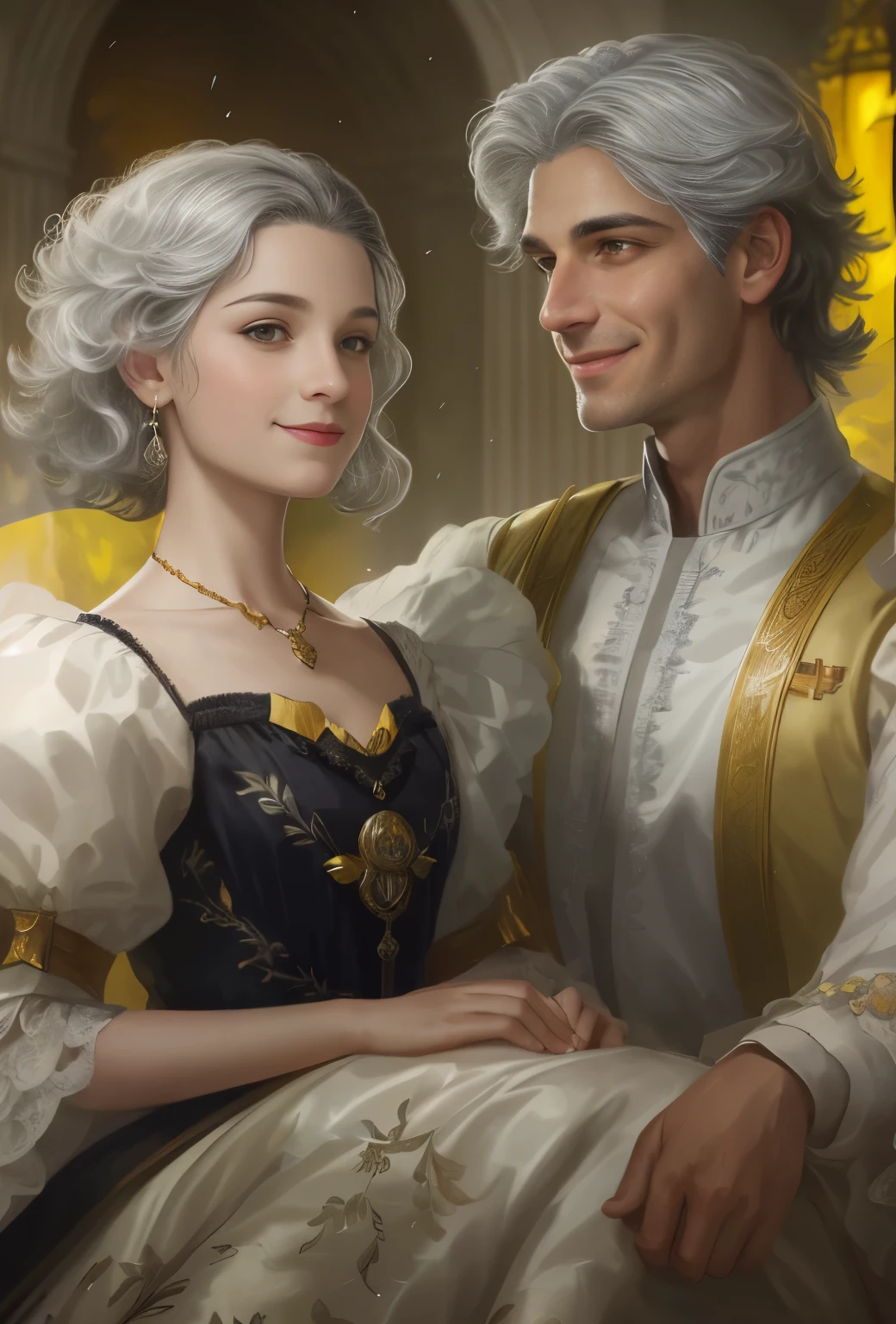 High resolution, portrait, boy and girl with dark hair, 38 years old, light gray hair, short haircut, yellow eyes, smile, crown, portrait, ballroom in the background, realism, fantasy