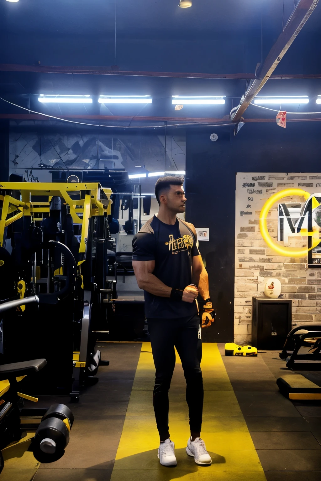 there is a man standing in a gym with a racket, in a gym, in a menacing pose, working out, mechanised, macho, hard lighting!, menacing look, looking menacing, menacing, local gym, menacing pose, background a gym, mohamed chahin style, mr universe, motivation, milan jozing, motivational, powerful stance