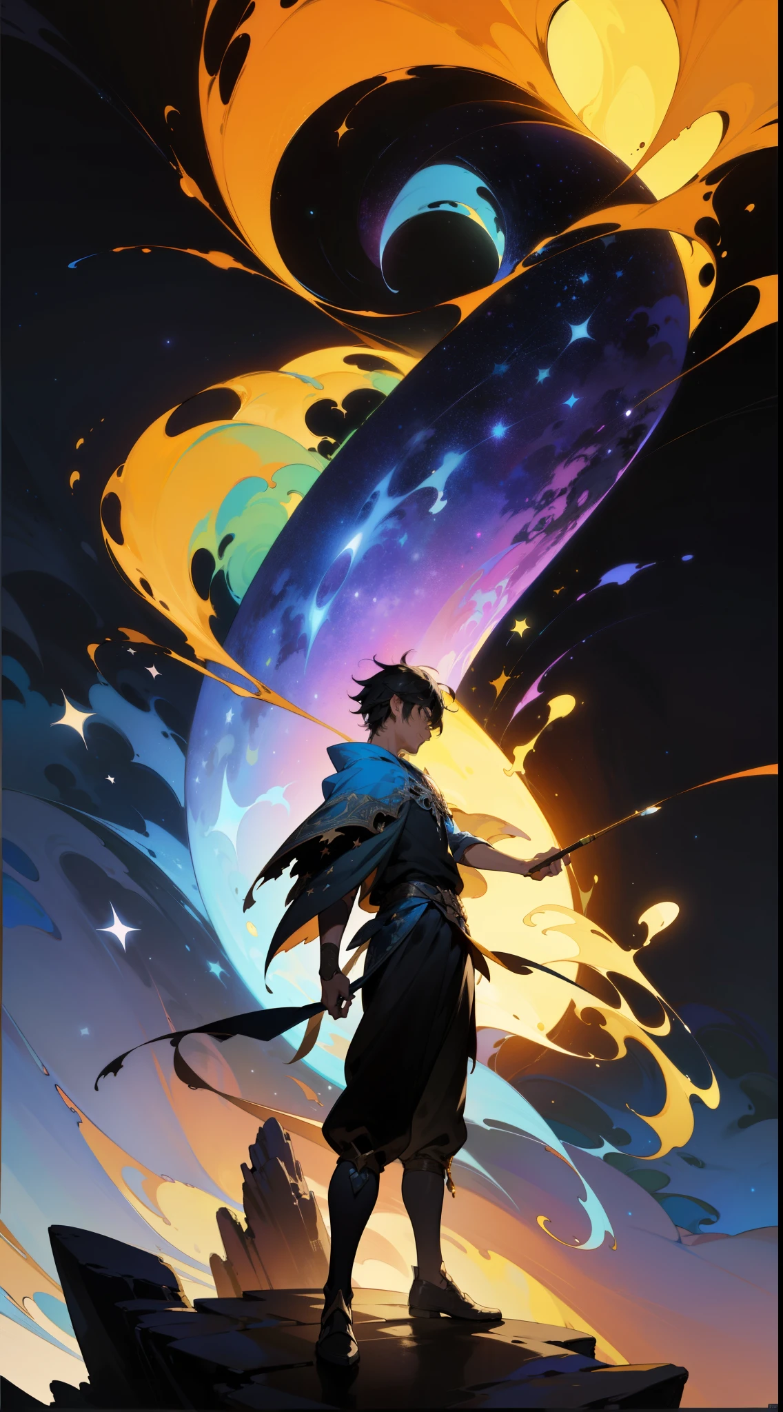 handsome boy standing on a rock looking at the stars, fantasy world, dark background, clean design, epic, artstation, colorful paint splatter, silhouette, hyper detailed intricate details, unreal engine, fantasy, splash screen, complementary colors, deviantart masterpiece, oil painting, heavy strokes, paint dripping