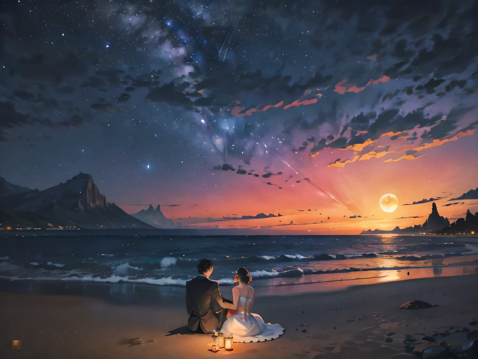 Couple sitting on the beach wearing wedding dress where waves are glowing, night sky with a full moon, sky filled with sky lanterns, and candles placed beside the couple, expansive landscape