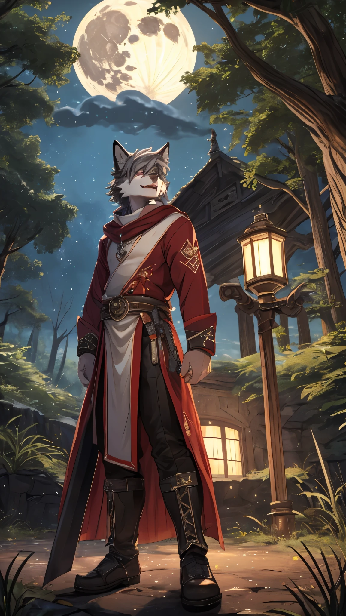 masterpiece, (best quality: 1.2), (Ultra-fine: 1.2), illustration, Standing in the swamp at night,With the magic academy in the distant forest as the background,The moon hangs high,male,burgundy fur wolf,gray hair,The right eye is hidden by hair,Eerie laugh,Holding a black longsword