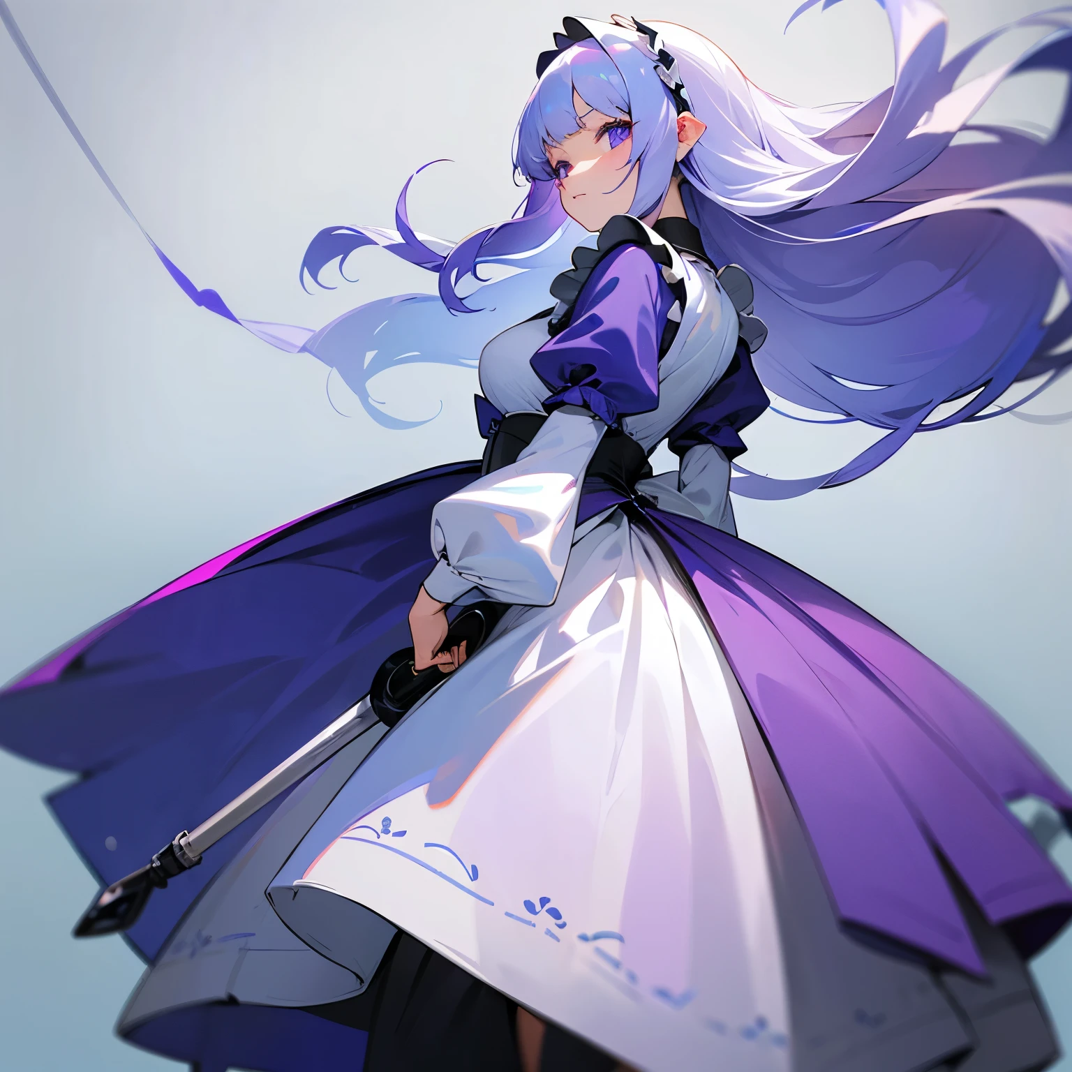 Kind face, white hair, long hair, bangs, heavy hair, princess cut, jersey maid outfit, no background, light blue shadows, purple inner color on the back, straight hair, looking at you